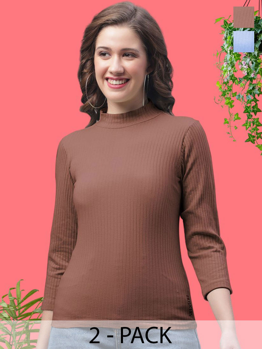 

FBAR Women Pack of 2 Cotton Solid High Neck Fitted Tops, Brown
