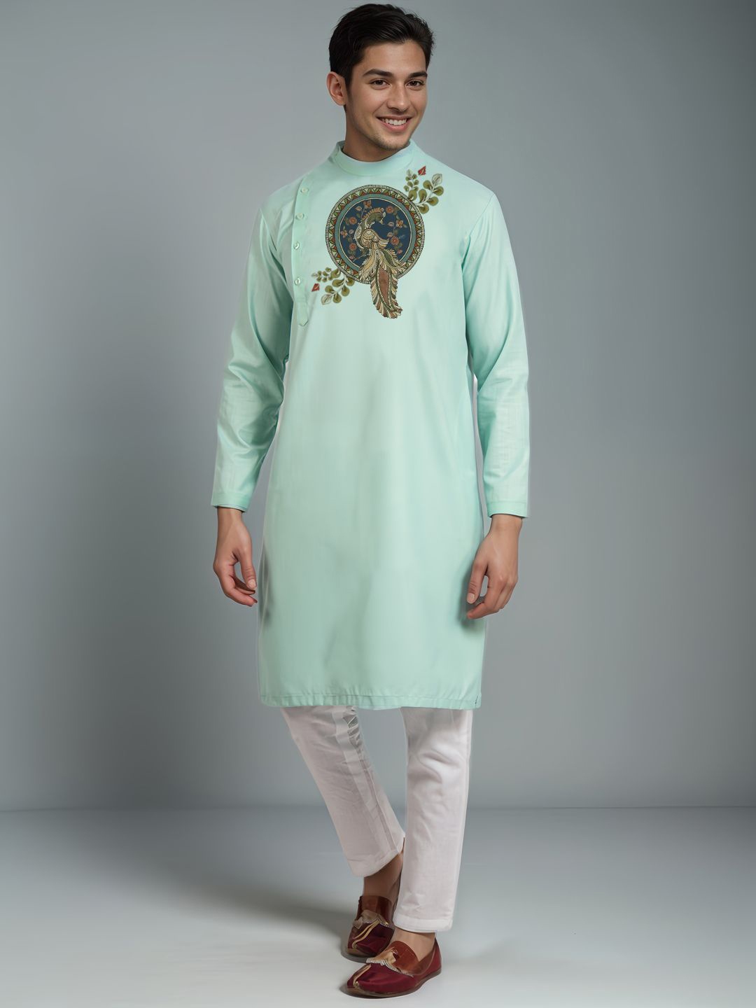 

DEVOILER Floral Printed Mandarin Collar Cotton Straight Kurta, Green