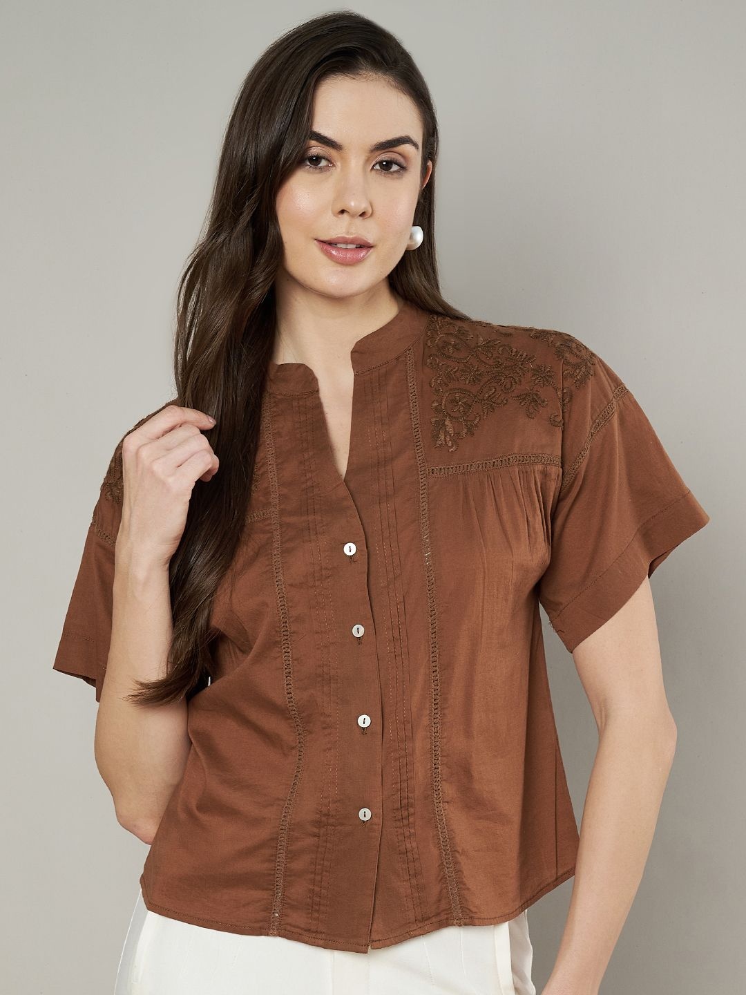 

Amagyaa Women Embroidered Mandarin Collar Cotton Shirt Style Top, Brown