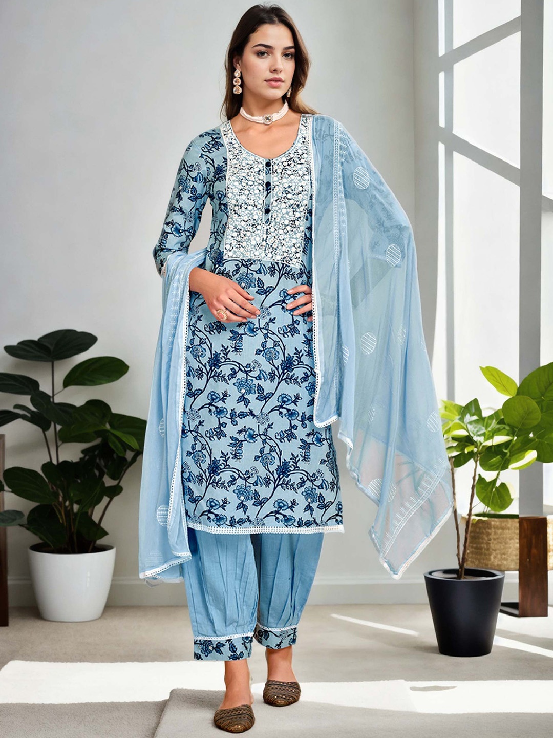 

Anouk Floral Embroidered Regular Pure Cotton Straight Kurta with Harem Pants & Dupatta, Blue