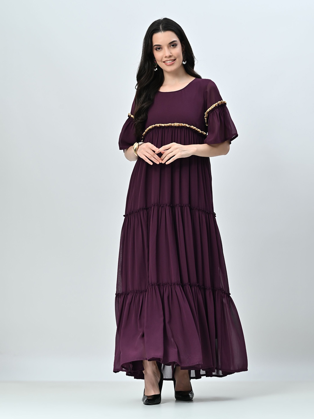 

BAESD Women Puff Sleeve Georgette A-Line Maxi Dress, Purple