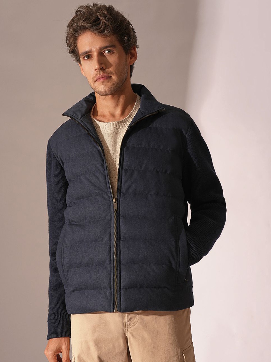

SELECTED Men Mock Collar Solid Casual Padded Jacket, Navy blue