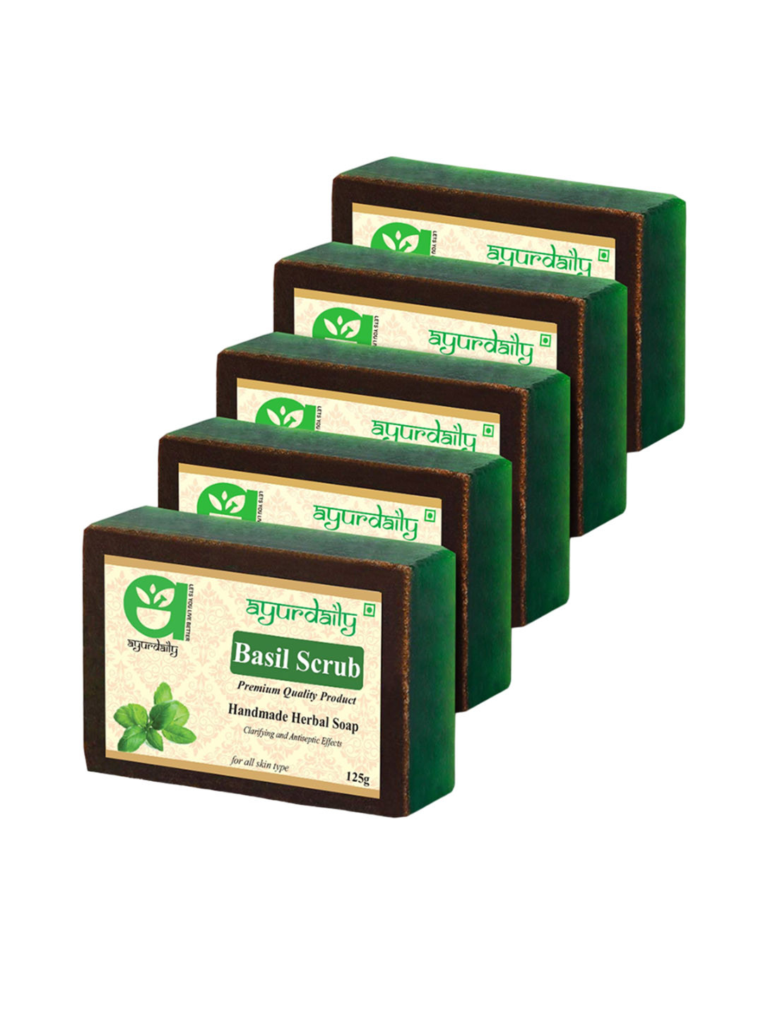 

Ayurdaily Set Of 5 Natural Basil Scrub Herbal Soap - 125 g Each, Green