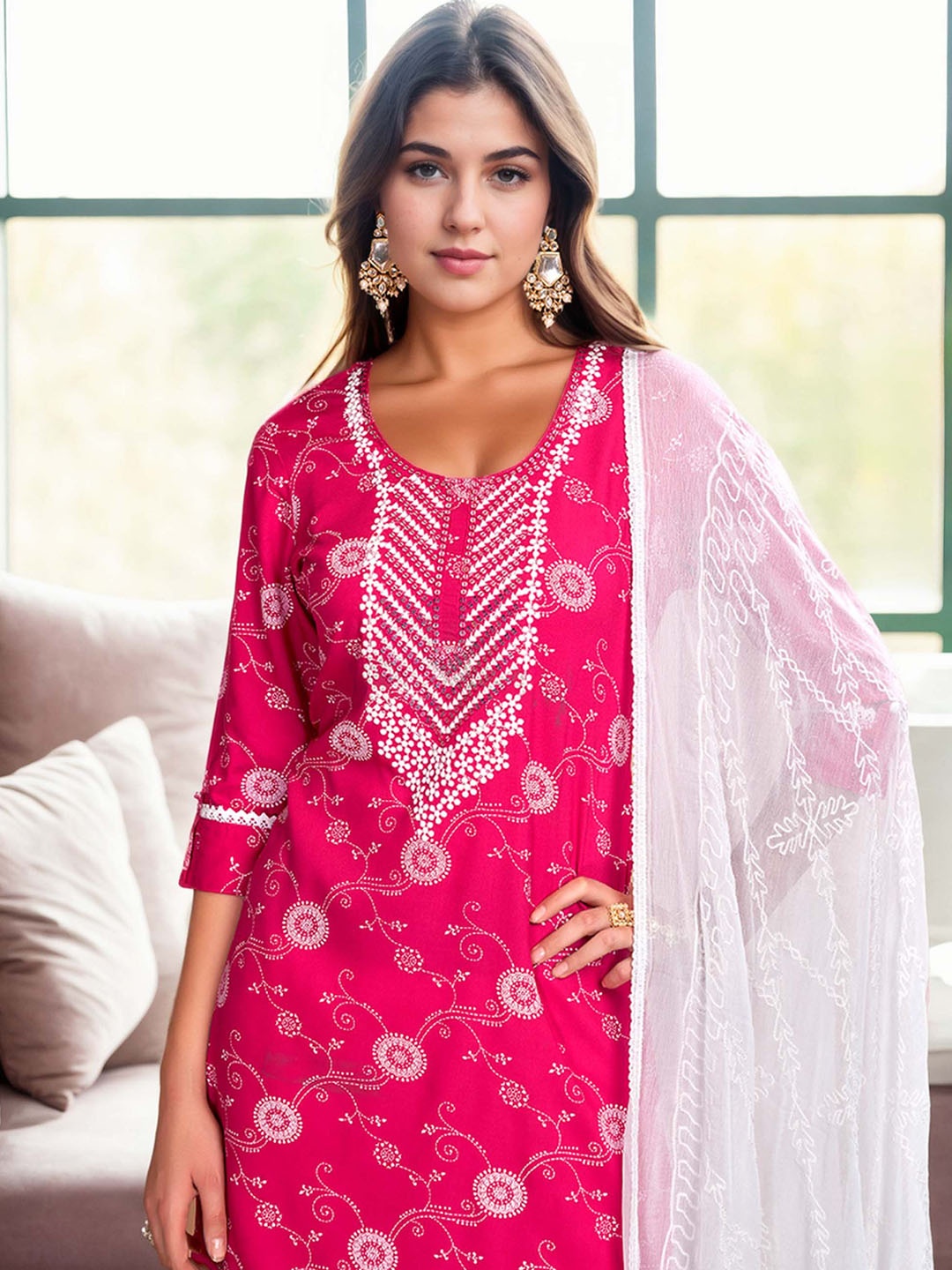 

Anouk Pink Floral Printed Round Neck Thread Work Straight Kurta With Palazzos & Dupatta