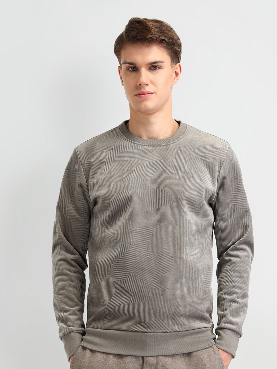 

Arrow Men Brand Logo Self Design Cotton Sweatshirt, Grey