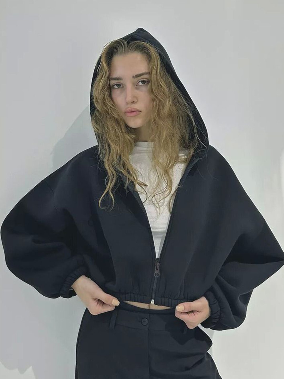 

LULU & SKY Women Oversized Crop Hooded Pullover, Black