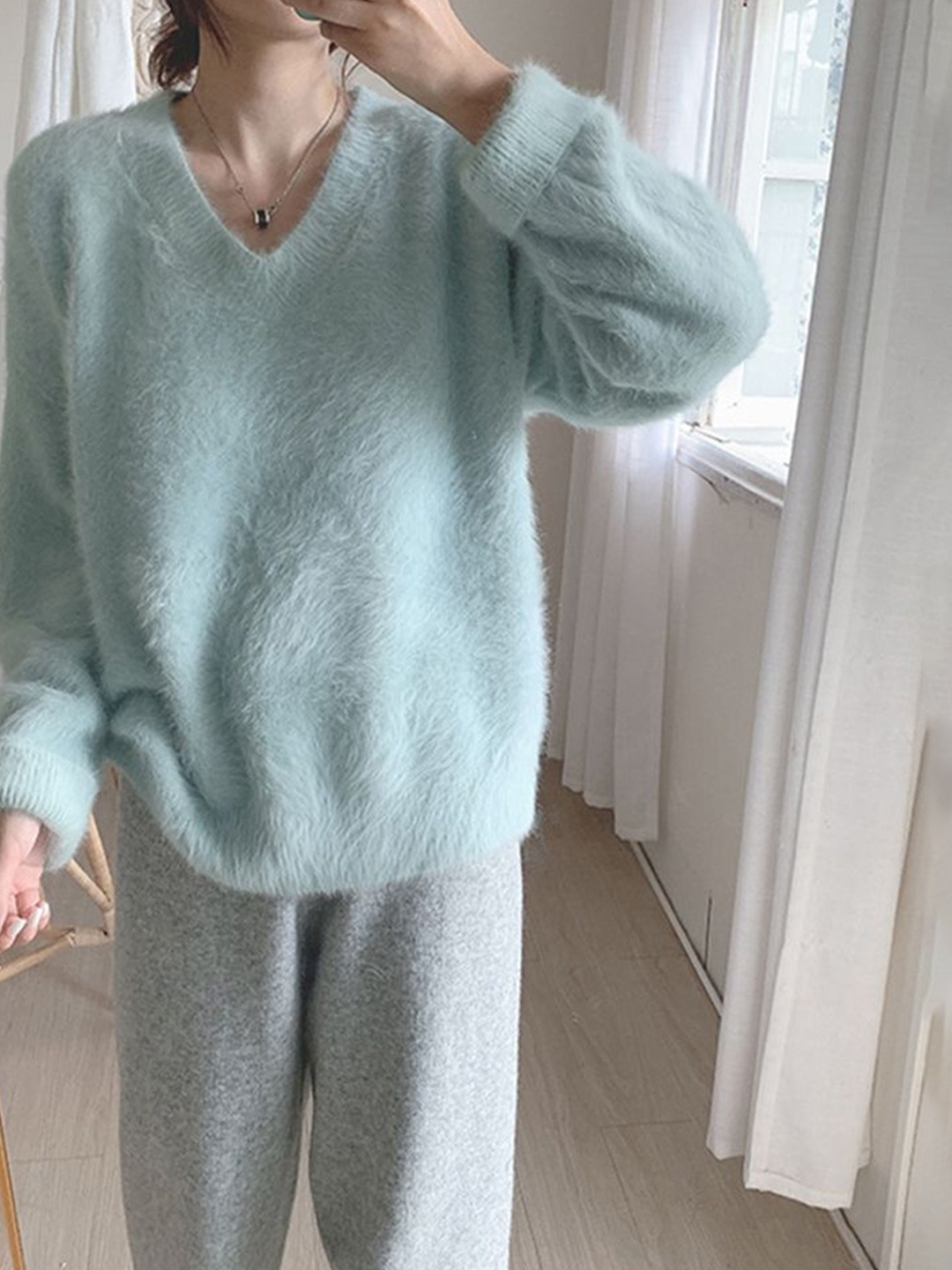 

LULU & SKY Women Fuzzy Texture Winter Woollen Pullover, Blue