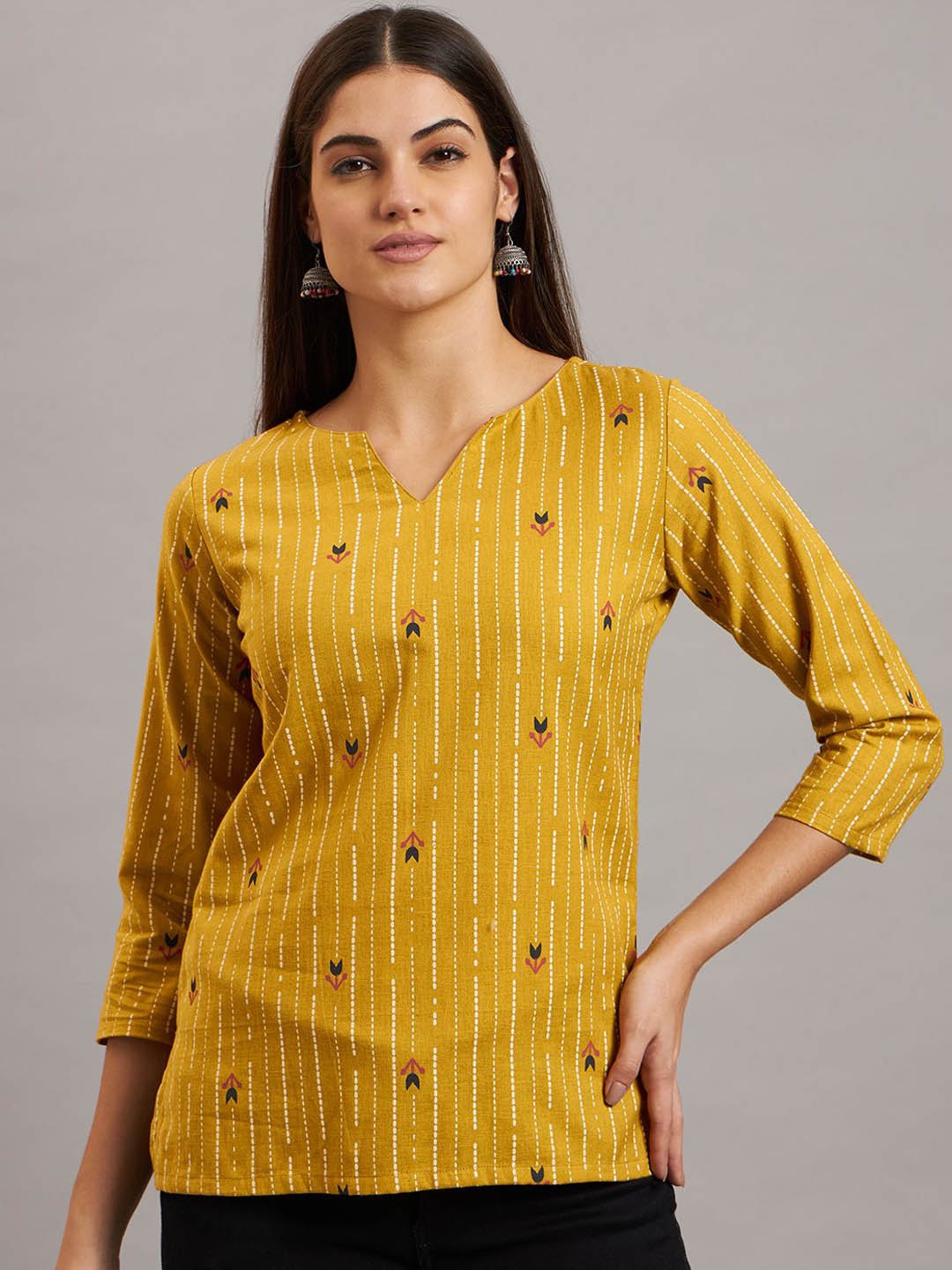 

Ojjasvi Striped Printed Regular Cotton Straight Kurti, Mustard