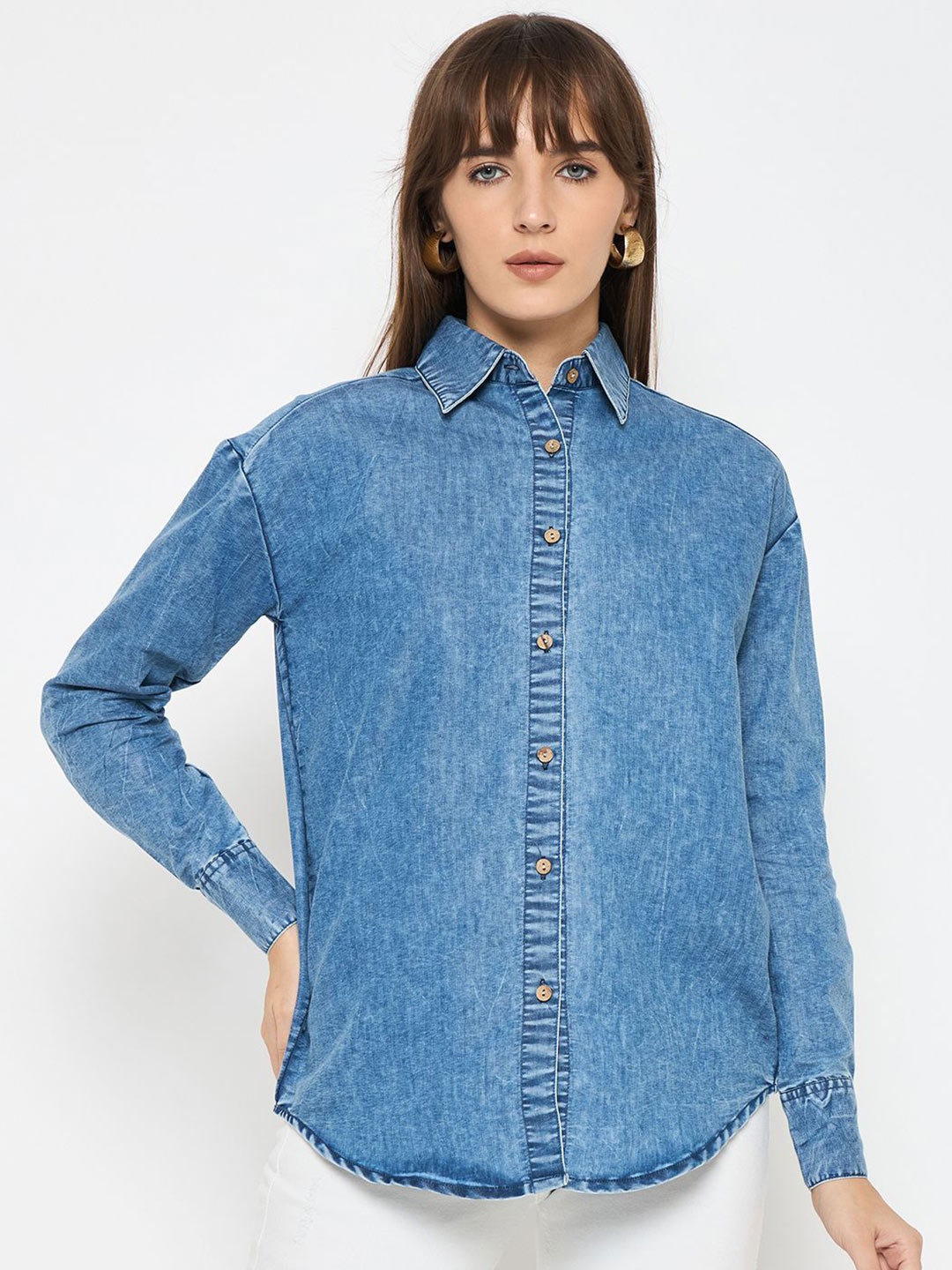 

BAESD Women Classic Spread Collar Faded Denim Casual Shirt, Blue