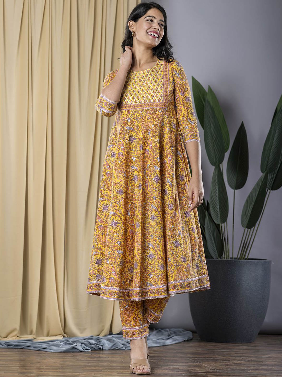 

KALINI Round Neck Floral Printed Pure Cotton Anarkali Kurta with Trousers, Mustard