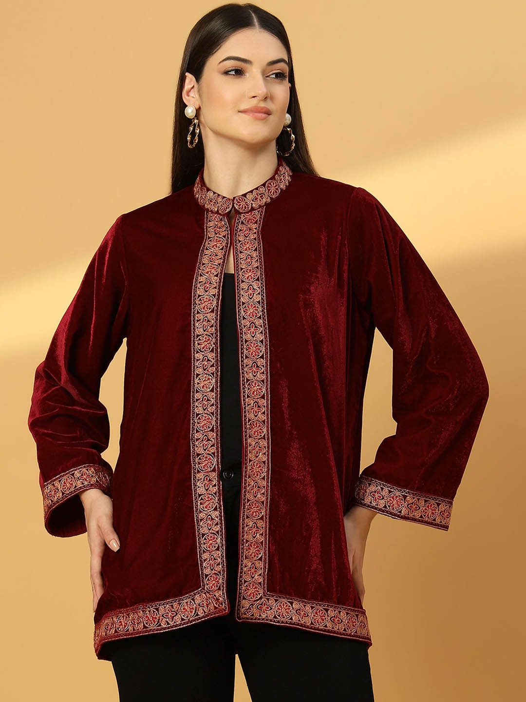 

Zamour Women Mandarin Collar Floral Embroidered Casual Tailored Jacket, Maroon