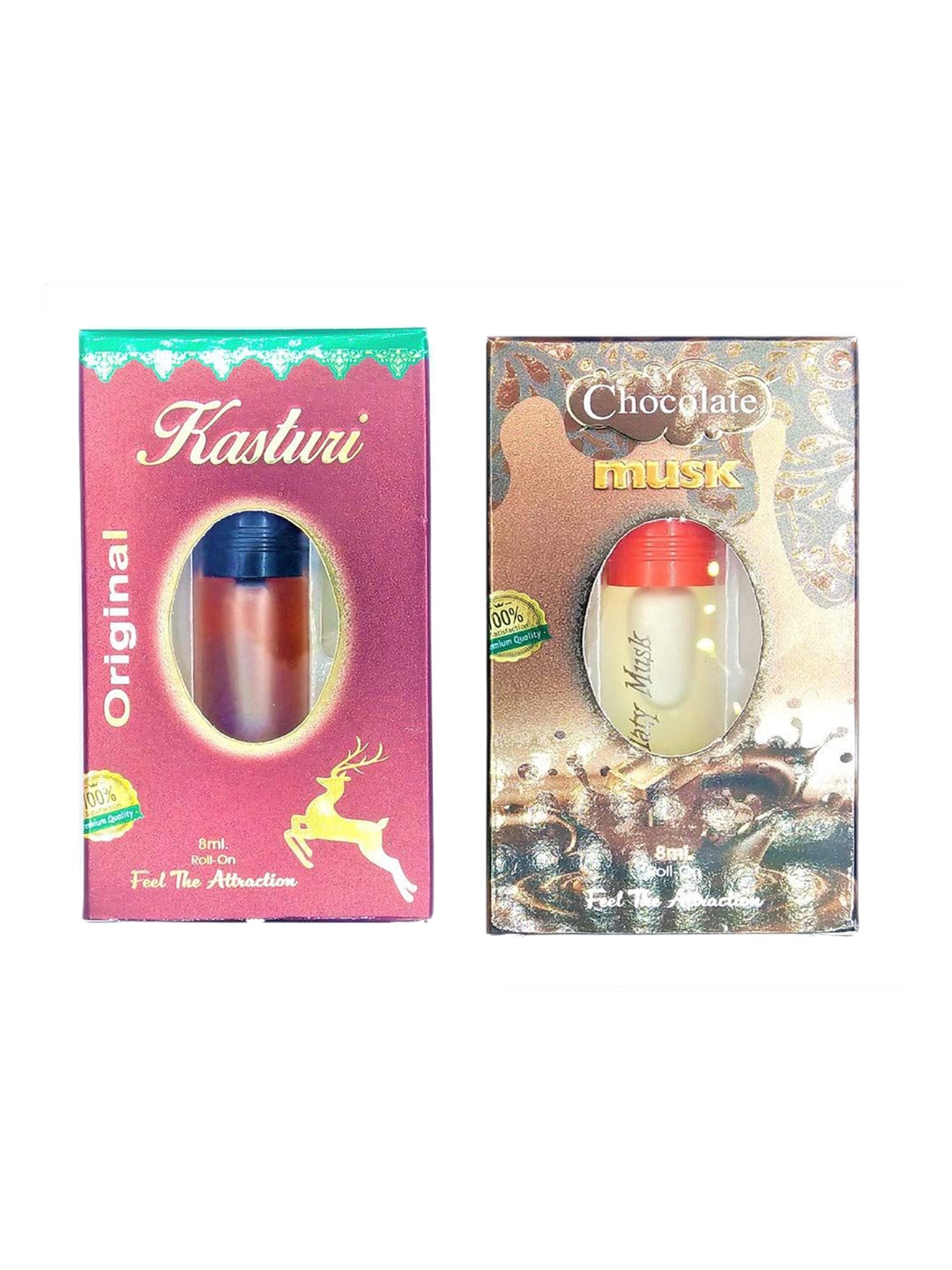 

RAVIOUR LIFESTYLE Feel The Attraction Set Of 2 Chocolate Musk & Kasturi Attar - 8ml Each, Transparent