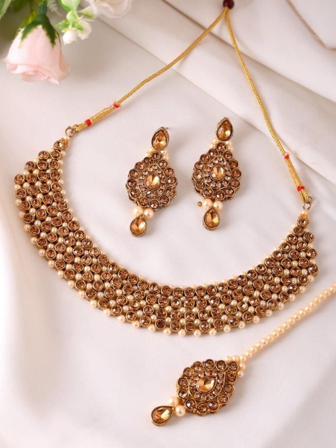 

VOJ Gold-Plated Stainless Steel Kundan Stones-Studded & Beaded Choker Jewellery Set