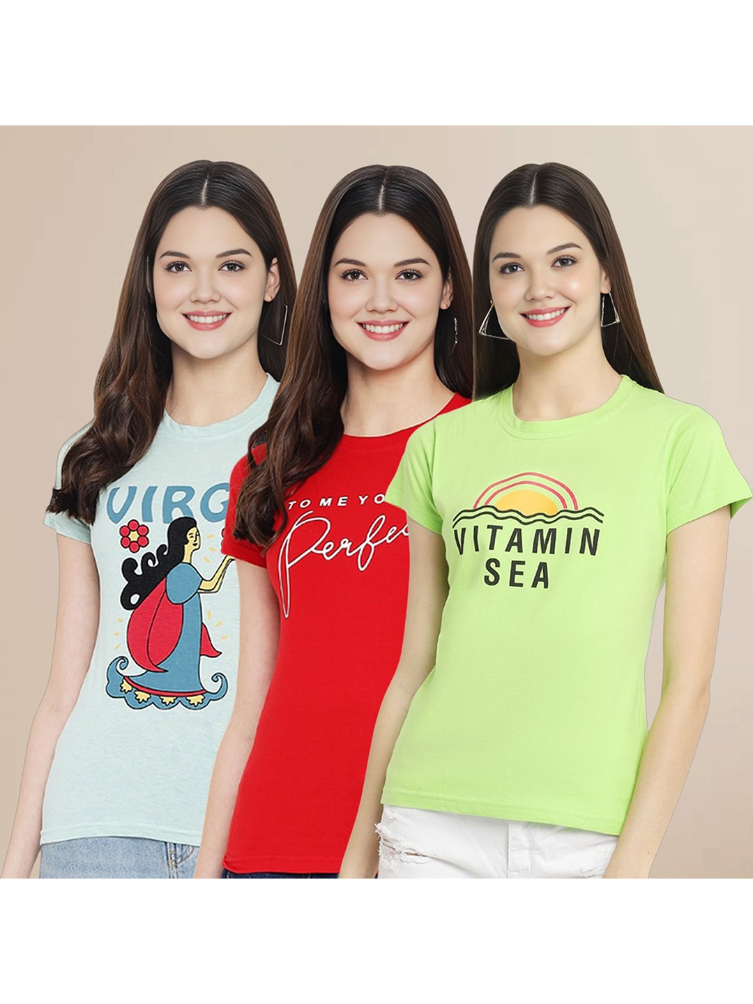 

Metronaut Women Pack Of 3 Typography Printed Round Neck Cotton T-shirts, Sea green