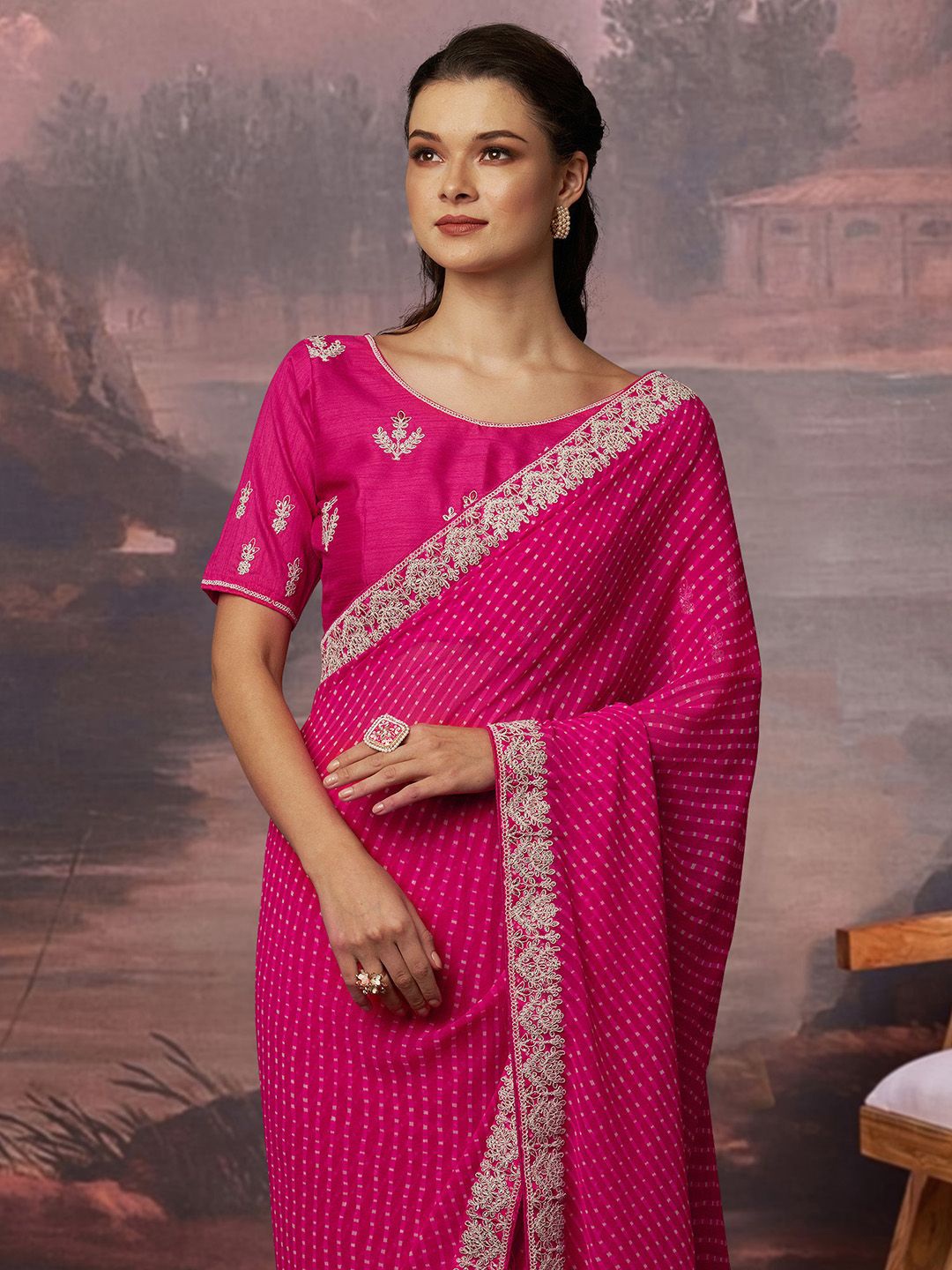 

House of Pataudi Bandhani Gotta Patti Georgette saree, Pink