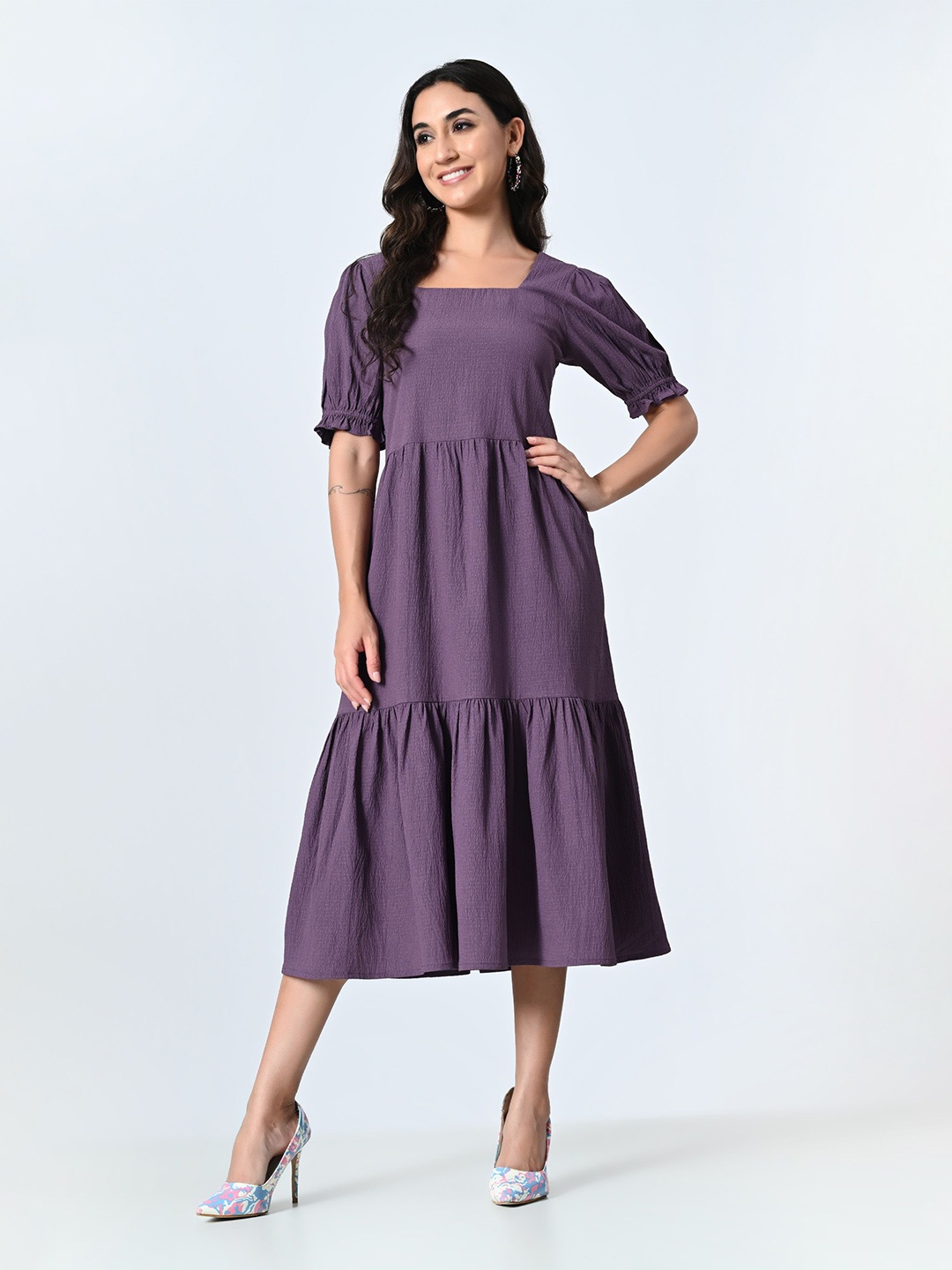 

ALL WAYS YOU Women Puff Sleeve Fit and Flare Midi Dress, Purple
