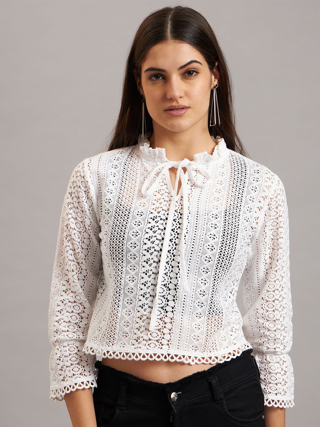 

Eavan Women Sheer Embroidered Tie-Up Neck Crop Top, White