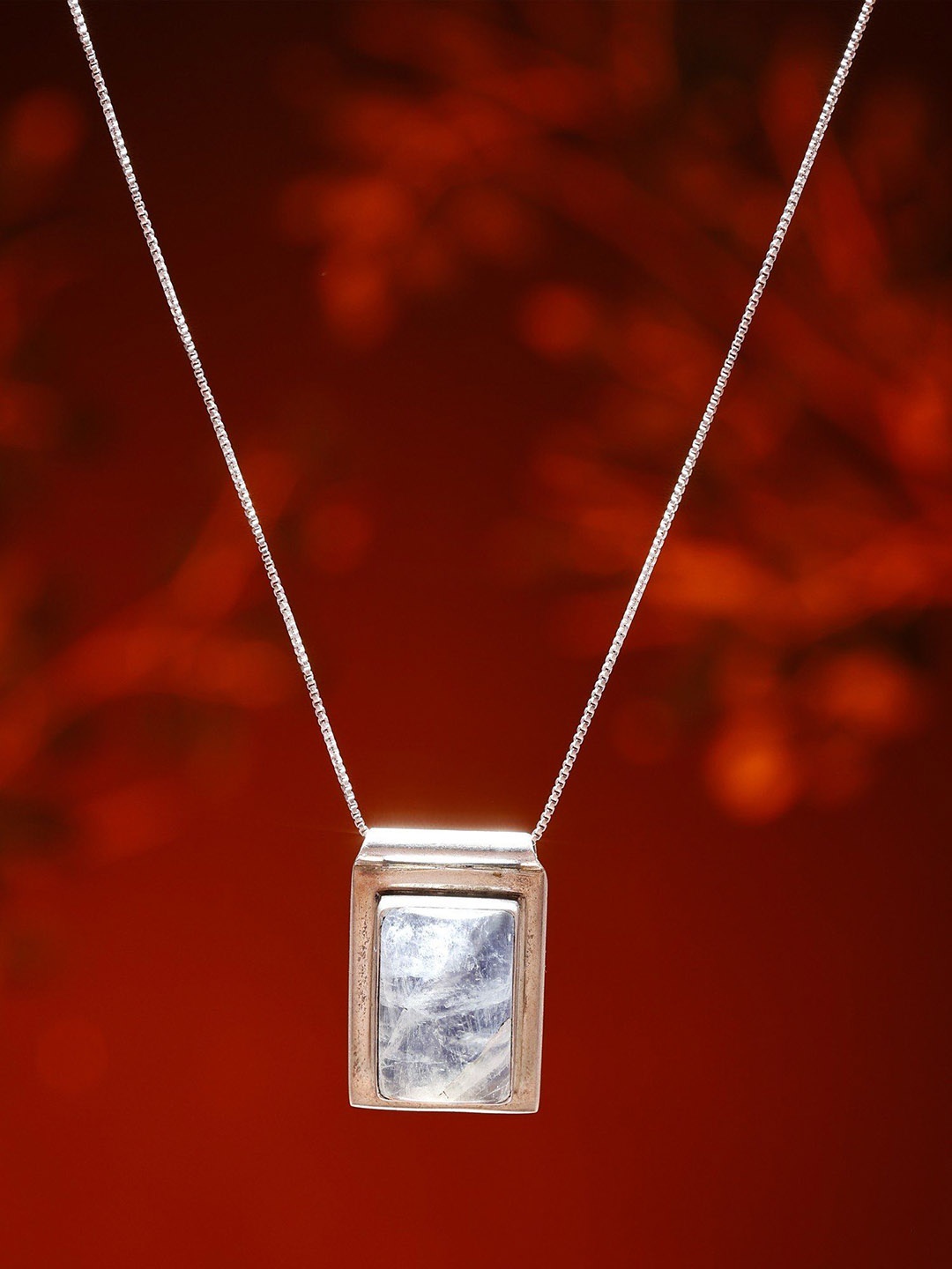 

Exotic India Silver-Plated Rectangular Shape Rainbow Moonstone Stainless Steel Pendant