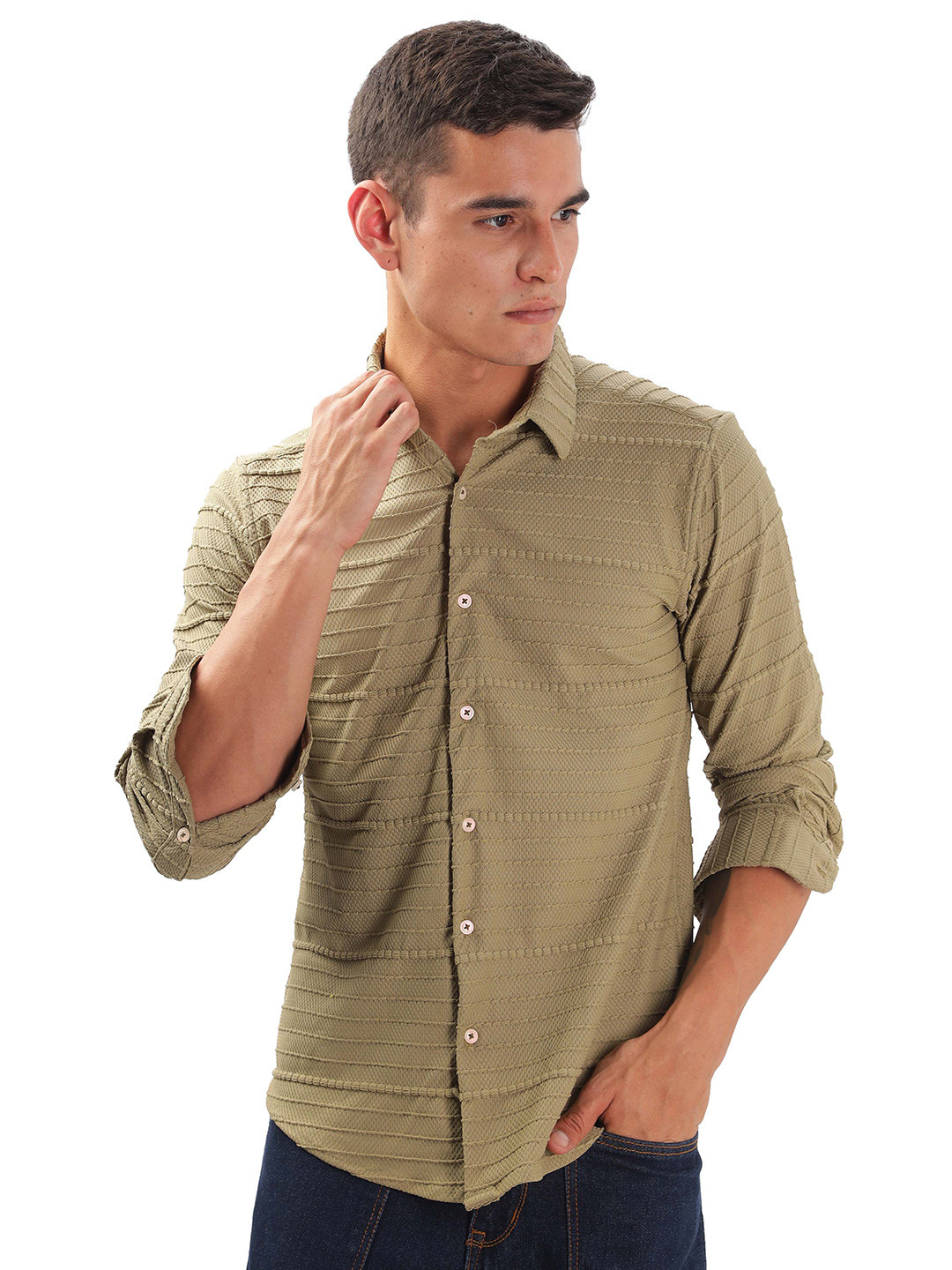 

ilyzly Men Standard Spread Collar Solid Cotton Casual Shirt, Beige