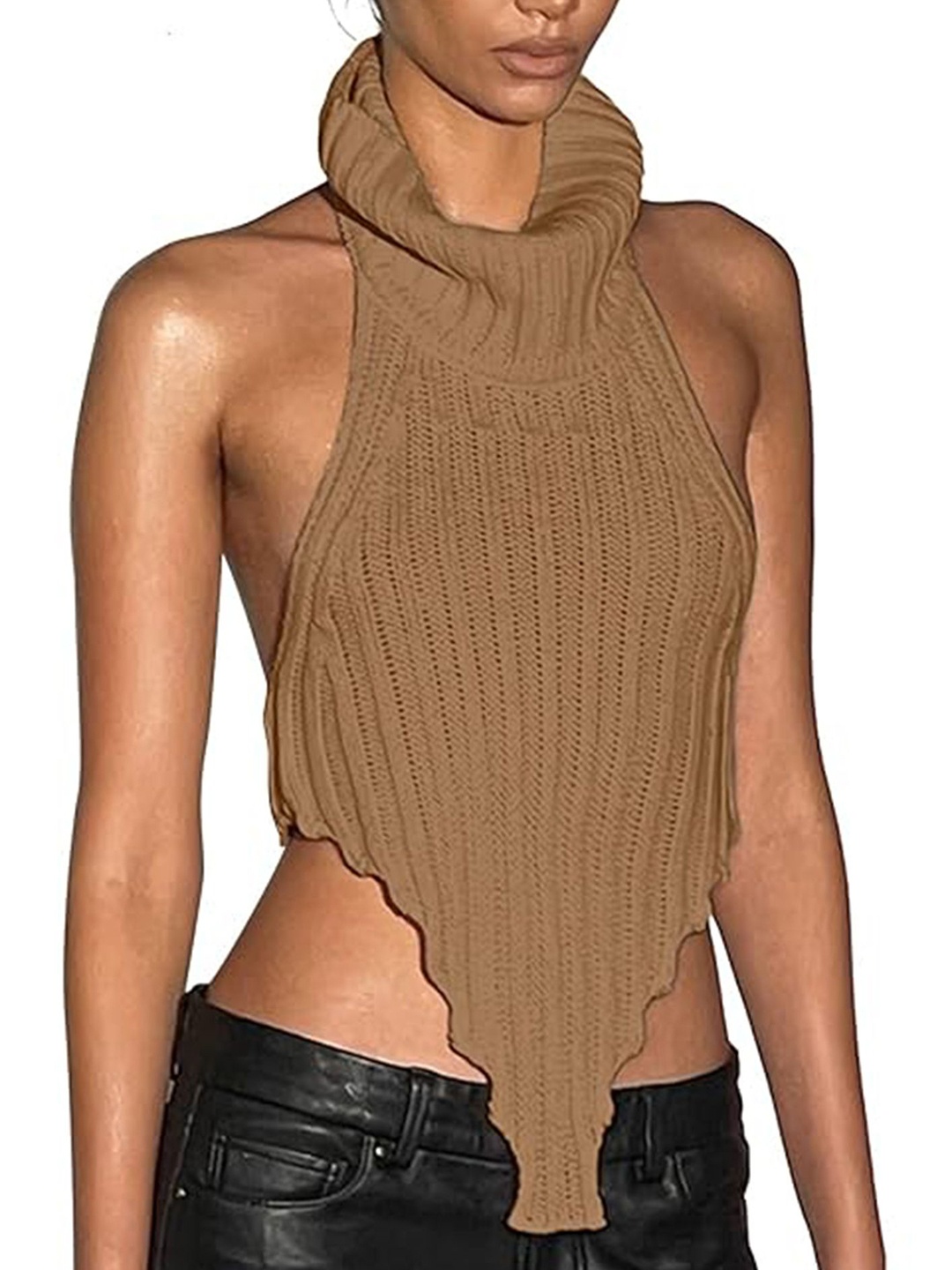 

LULU & SKY Solid High Neck Top, Camel brown