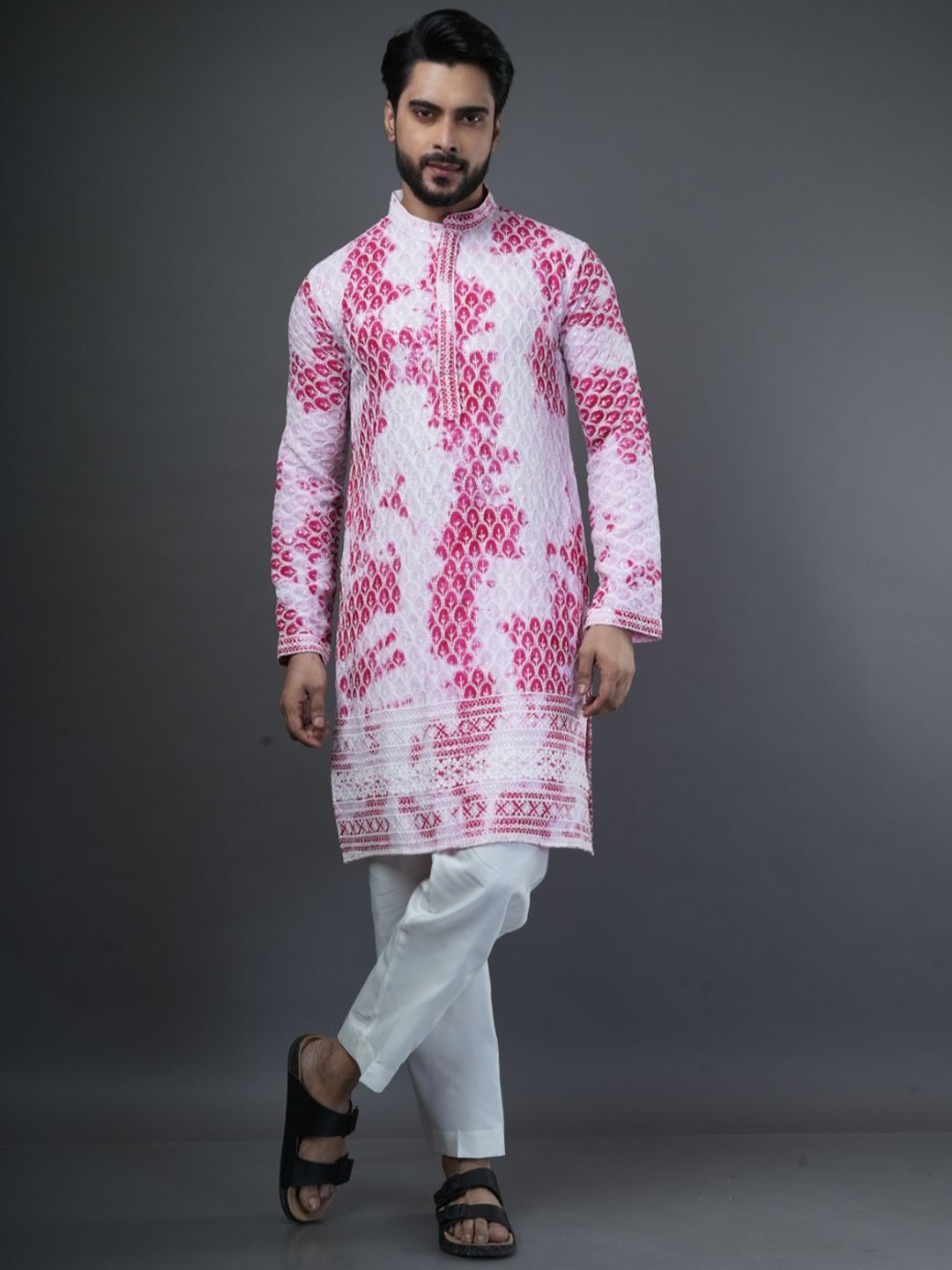 

ARYA Mandarin Collar Embellished Thread Work Straight Kurta, Pink