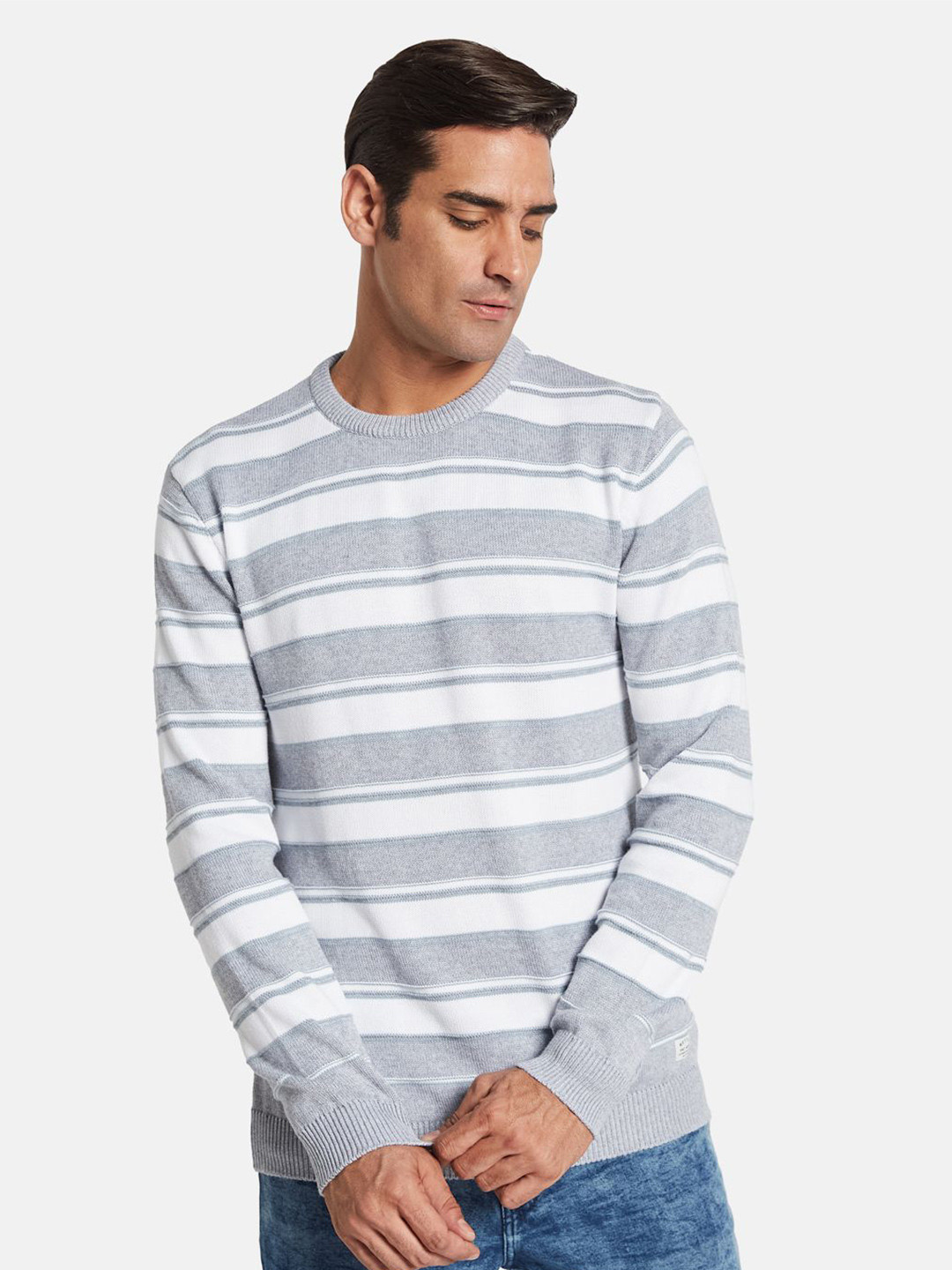 

METTLE Men Striped Cotton Pullover, Grey