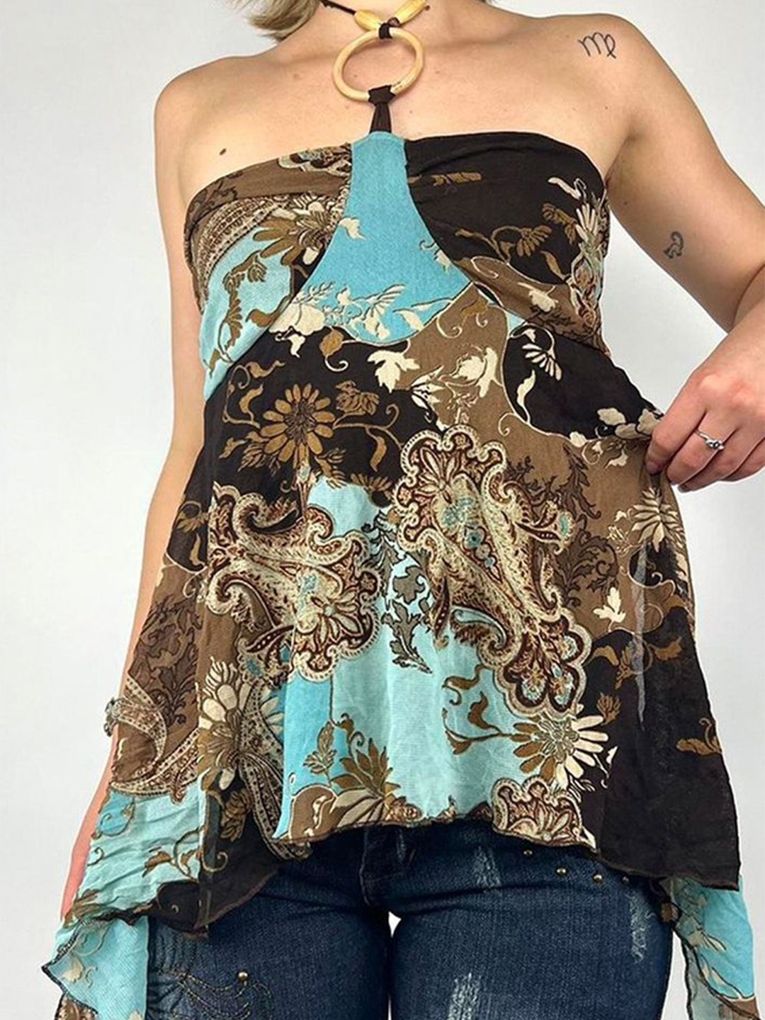 

LULU & SKY Ethnic Motifs Printed Halter Neck A-Line Top, Black