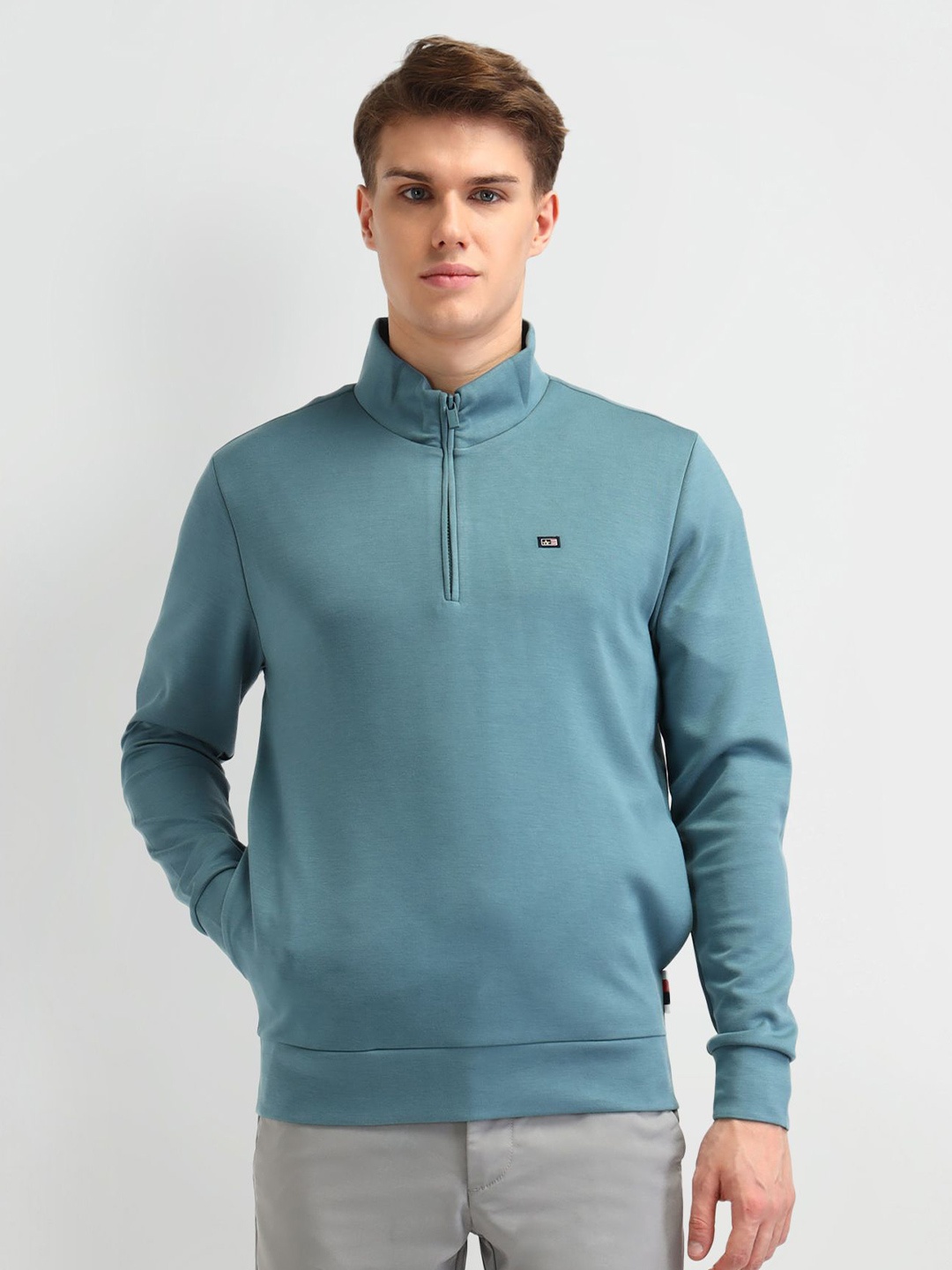 

Arrow Sport Men Mock Collar Pure Cotton Pullover Sweatshirt, Green