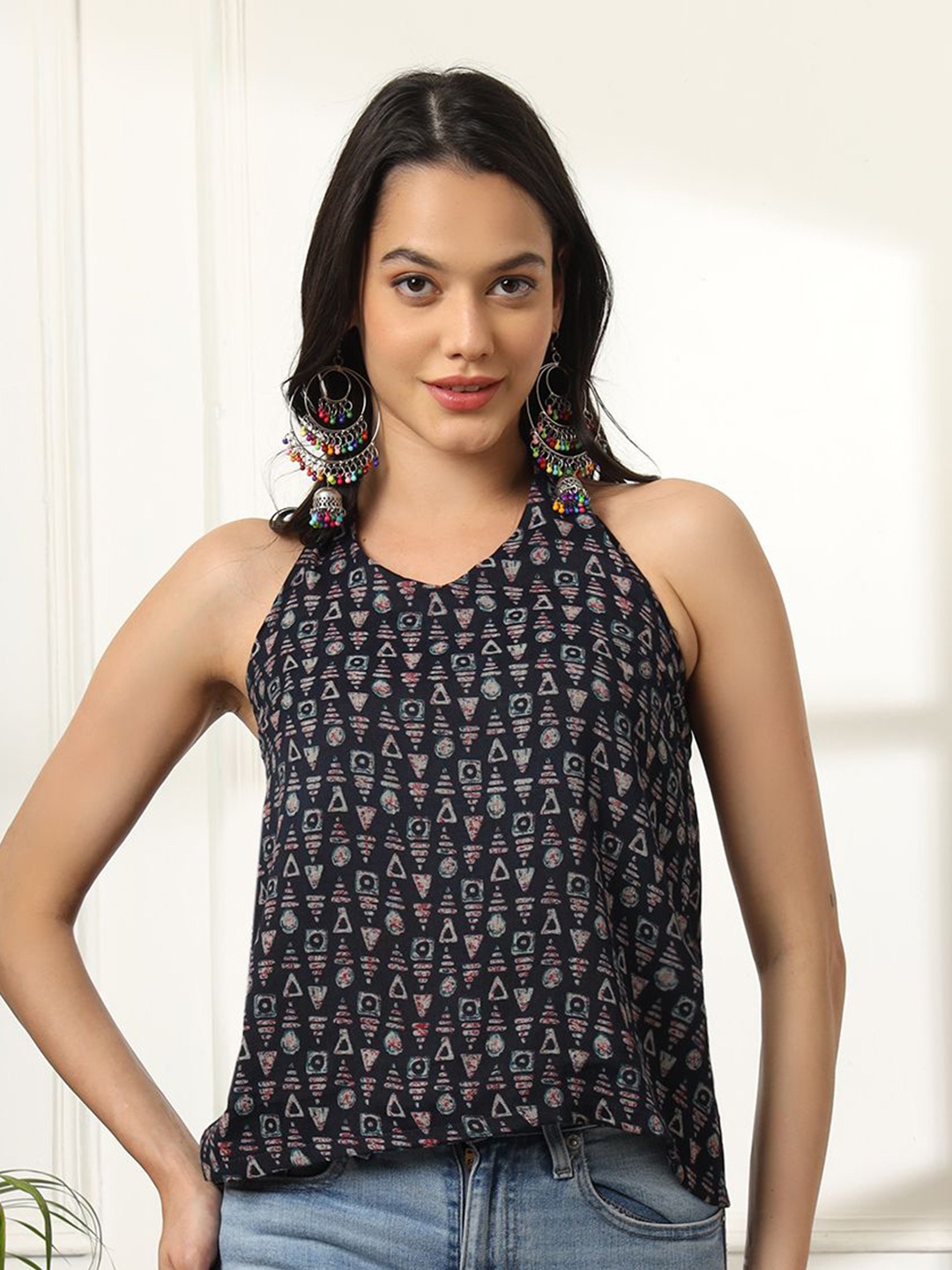 

Anouk Rustic Women Printed Halter Neck Top, Navy blue