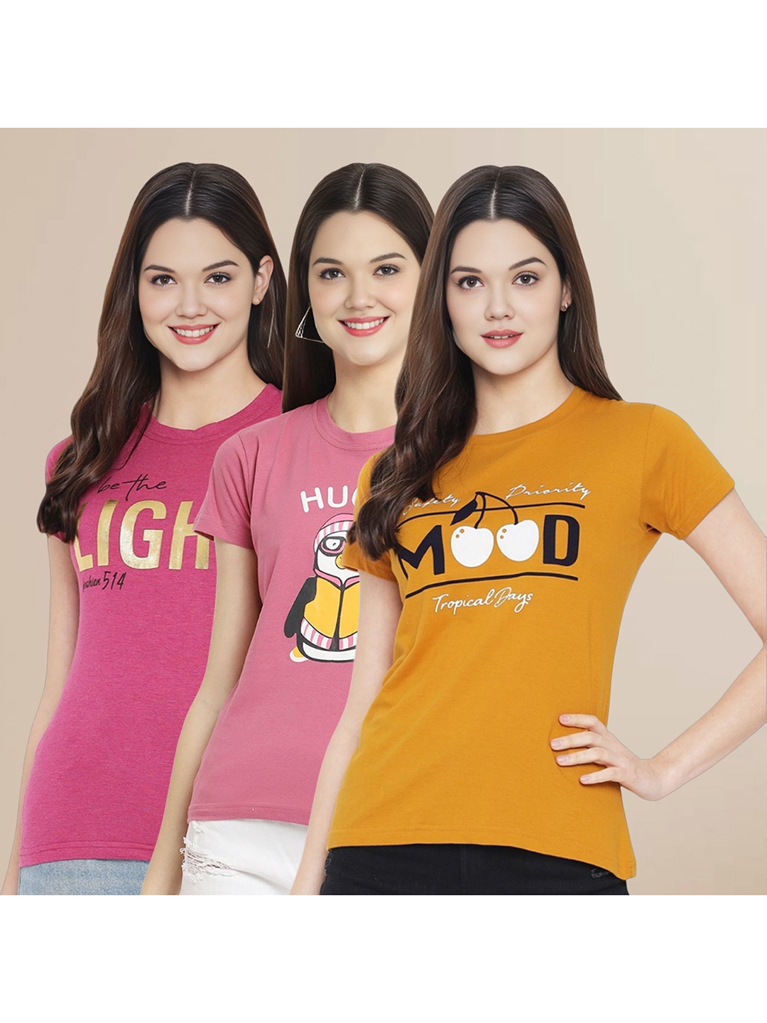 

Metronaut Women Pack Of 3 Typography Printed Round Neck Cotton T-shirts, Pink