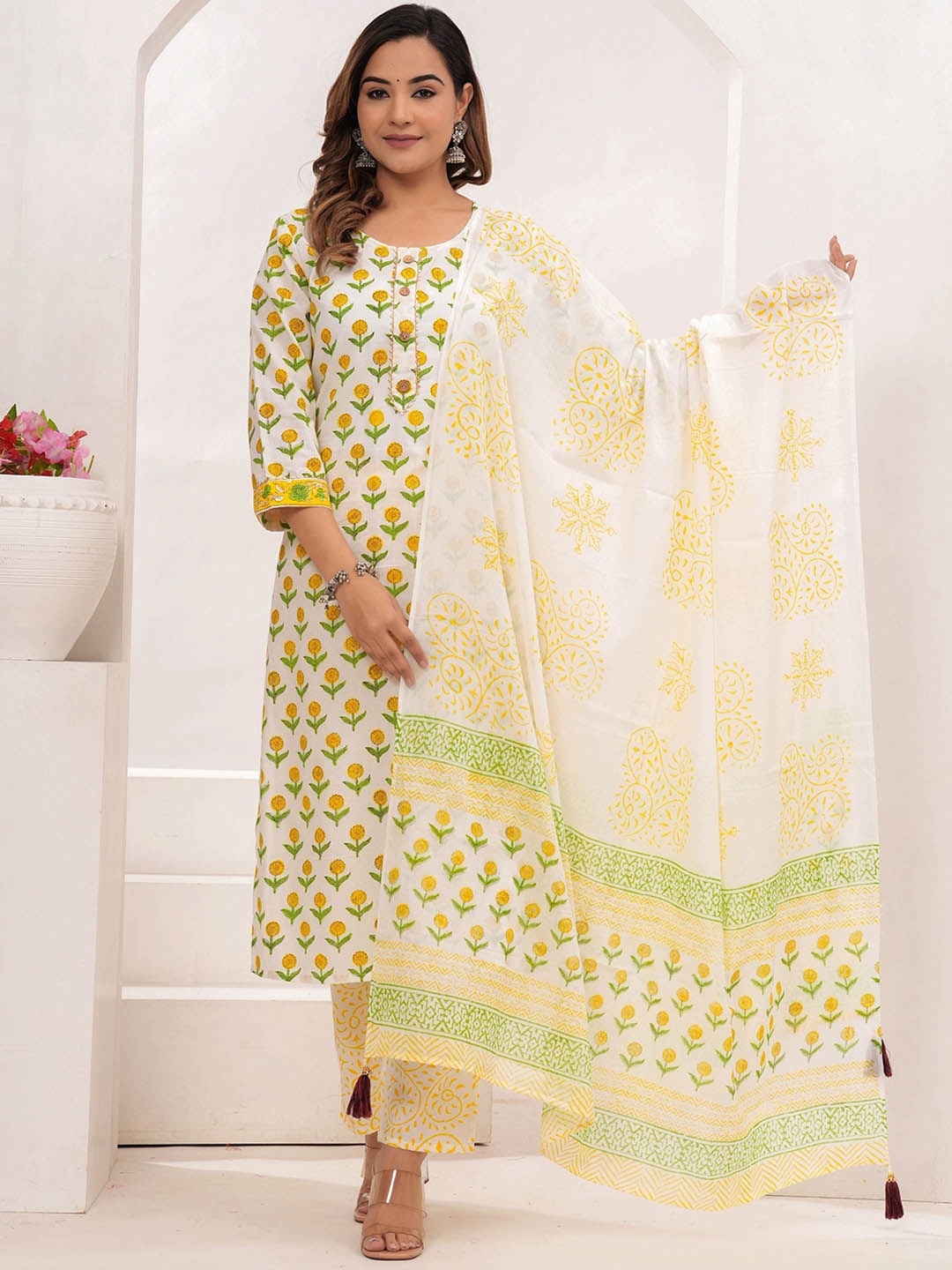 

VASUPRADA Floral Printed Gotta Patti Pure Cotton Straight Kurta With Trousers & Dupatta, Yellow