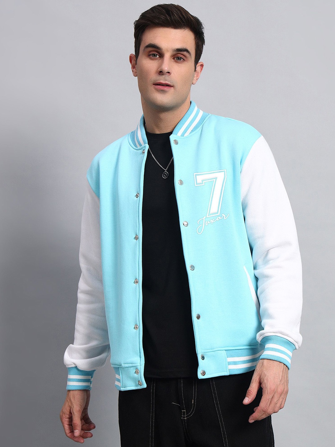 

Juxar Men Stand Collar Colourblocked Cotton Casual Varsity Jacket, Turquoise blue