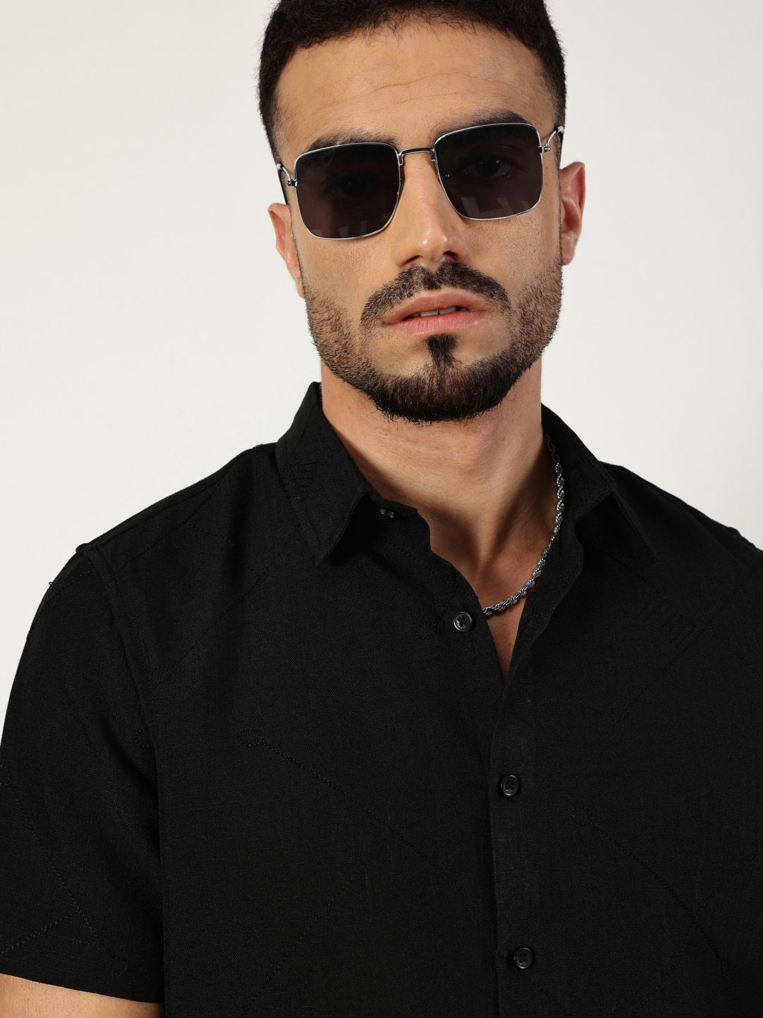 

Thomas Scott Men Premium Spread Collar Textured Slim Fit Casual Shirt, Black