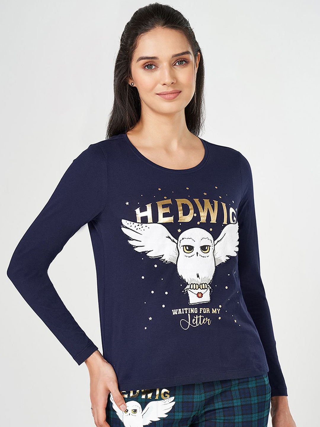 

Dreamz by Pantaloons Women Cotton Round Neck Printed Cotton Lounge Tshirts, Navy blue
