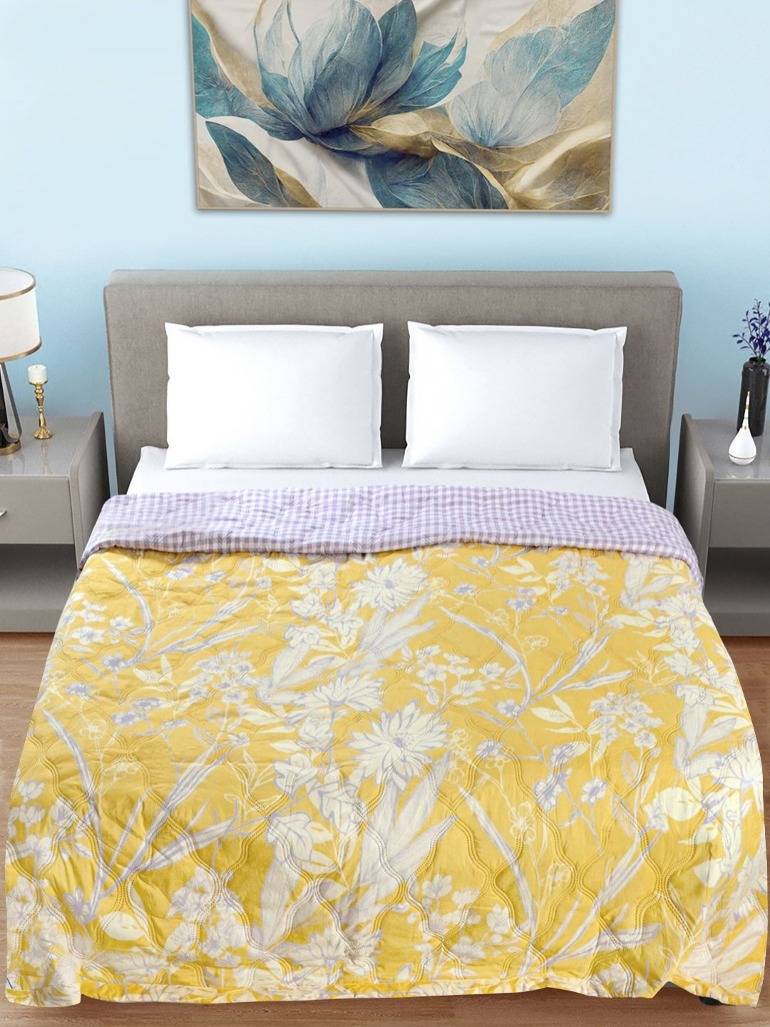 

FABINALIV Yellow Floral Mild Winter 350 GSM Double Bed Quilted Reversible Comforter