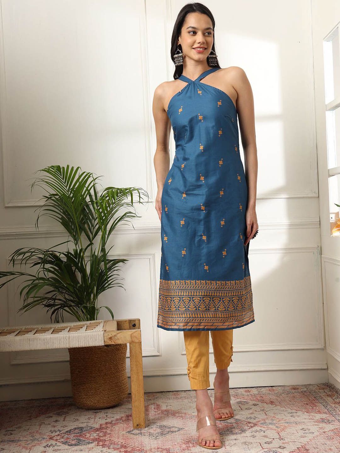 

Anouk Blue & Yellow Floral Printed Pure Cotton Straight Kurta