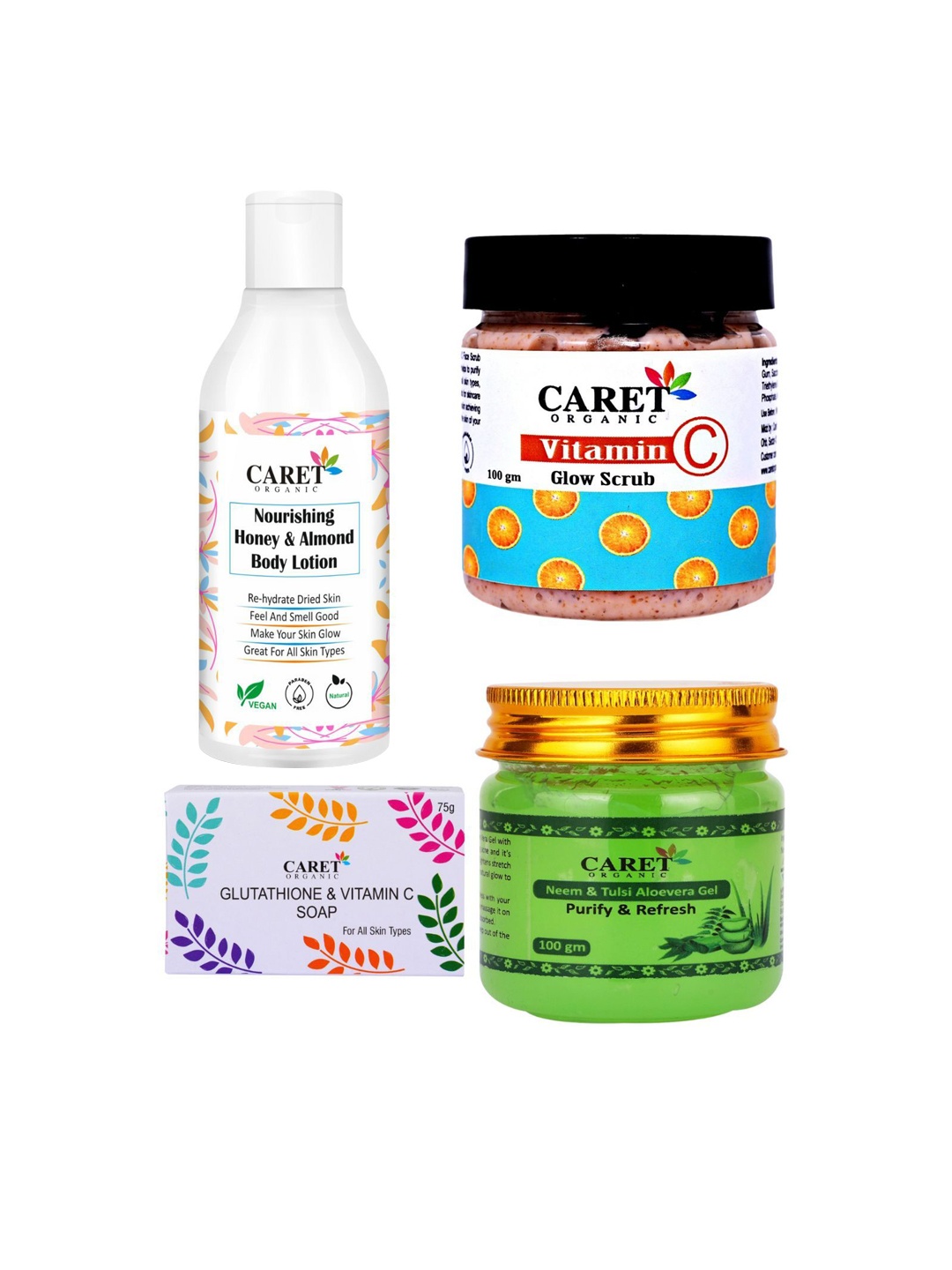 

CARET ORGANIC Set of 4 Body Lotion, Vitamin C Glow Scrub & Neem Tulsi Gel & Soap, White