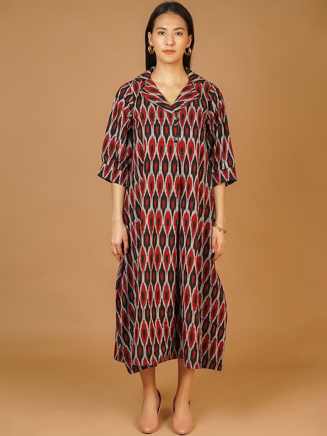 

INDOPHILIA Women Print Flared Sleeve Kaftan Midi Dress, Black