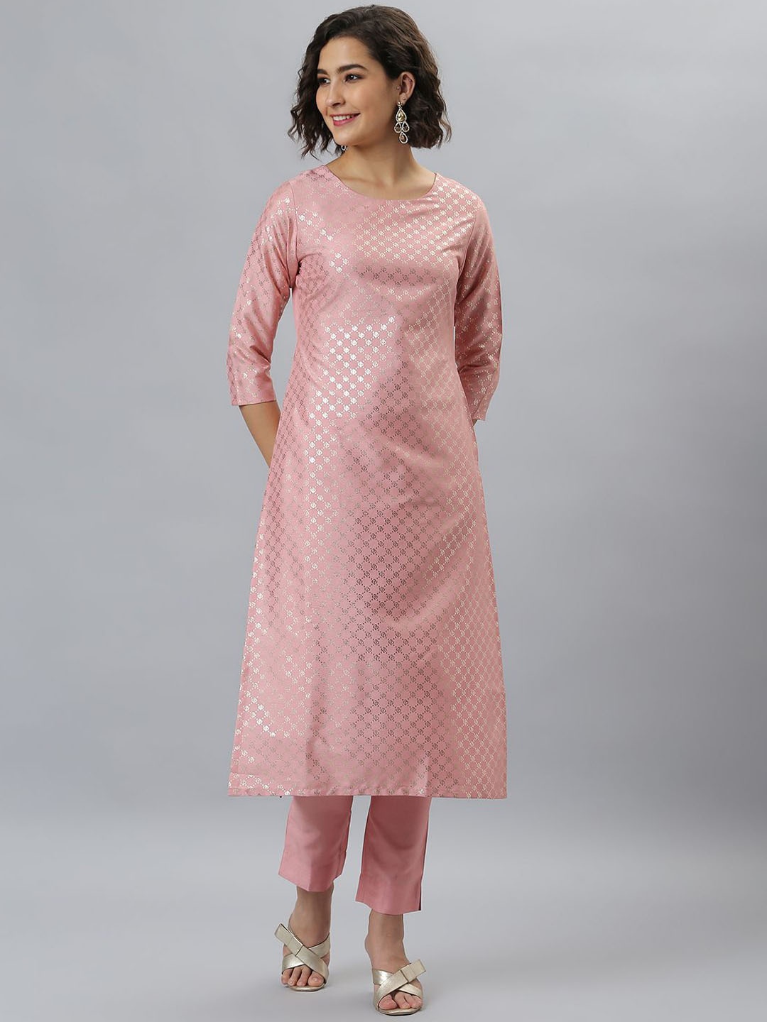 

KALINI Round Neck Floral Printed Straight Kurta with Trousers, Pink