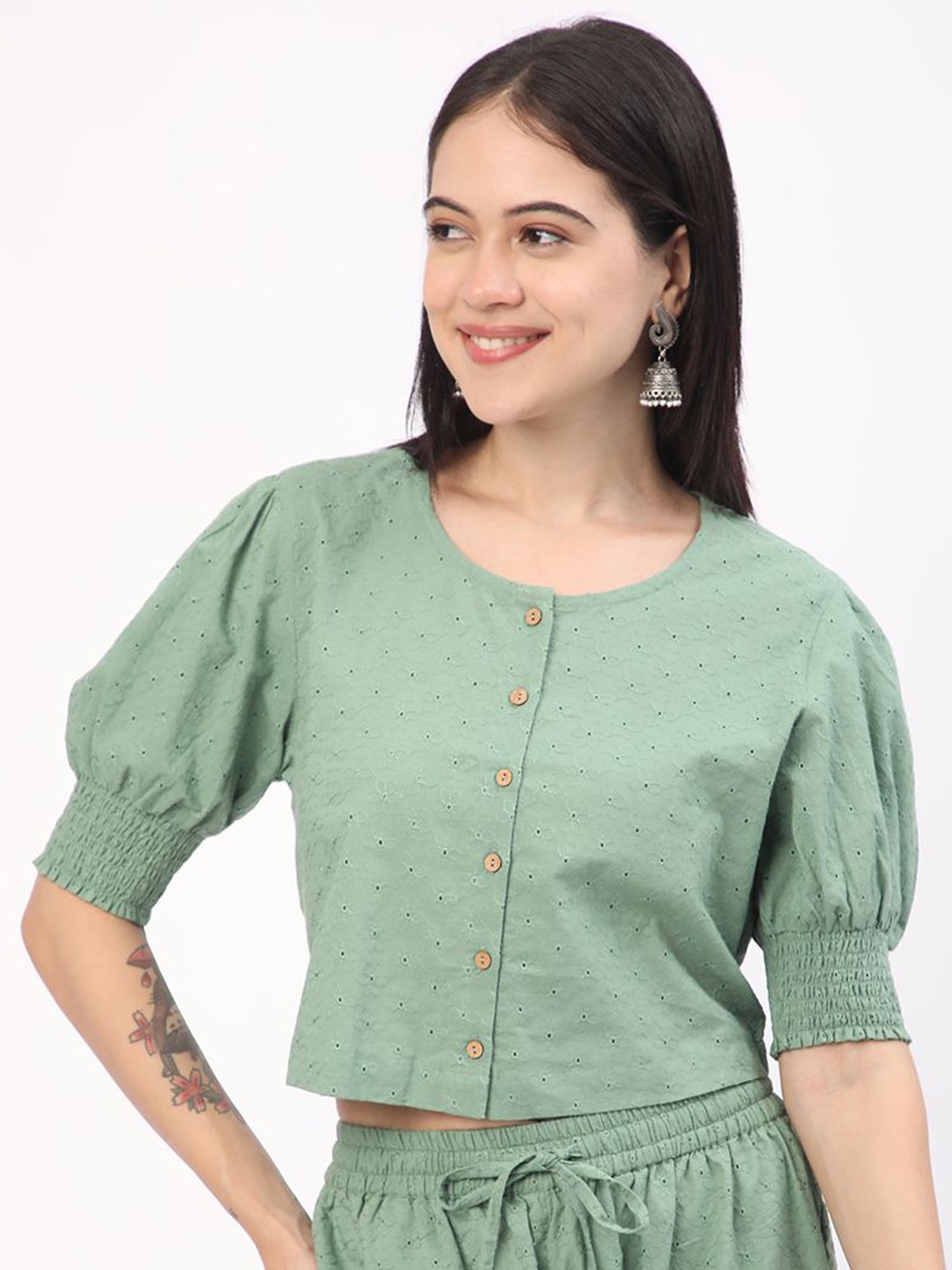 

R&B Women Puff Sleeve Cotton Crop Top, Green