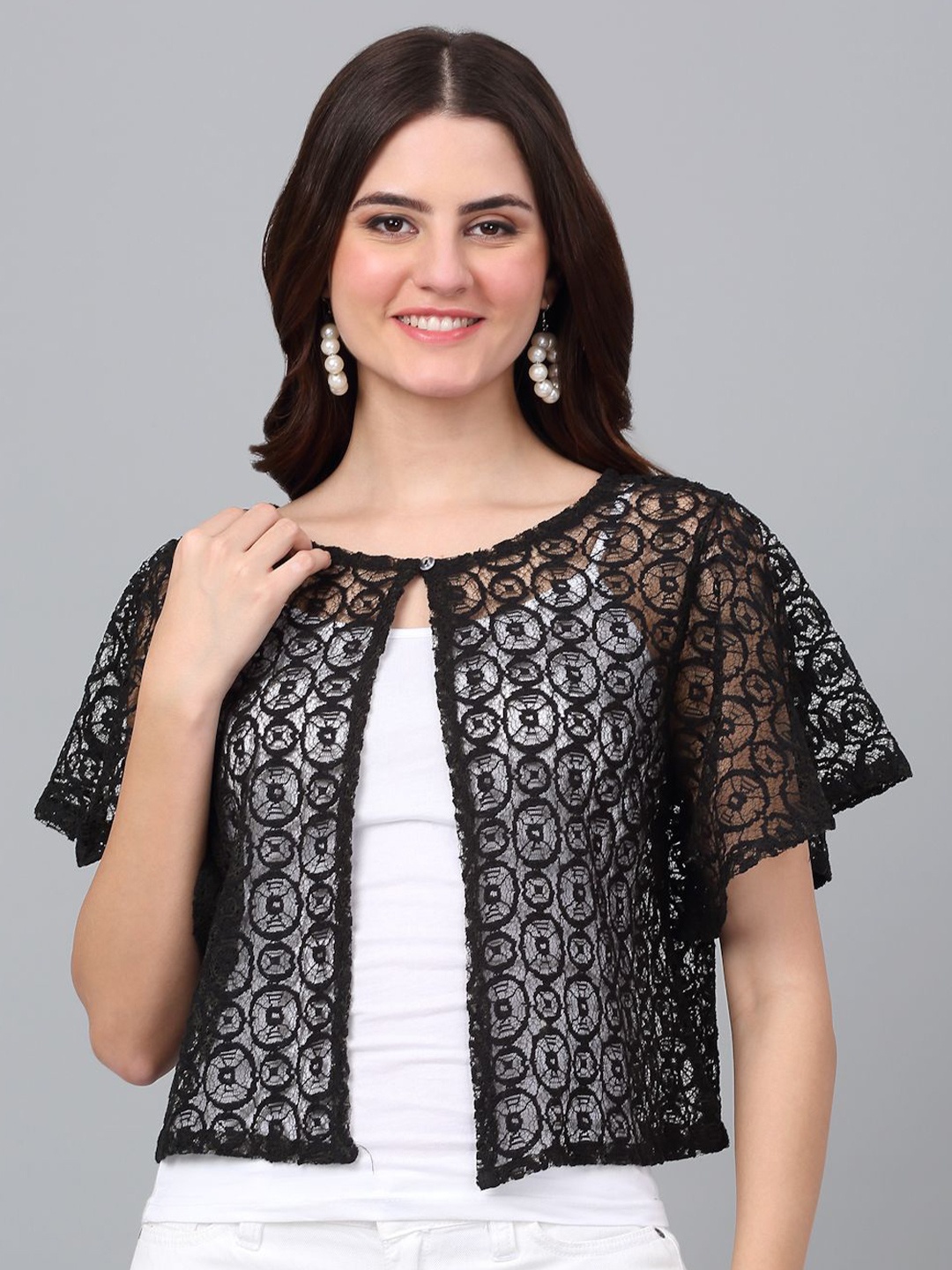 

Dressitude Self Design Button Closure Cotton Shrug, Black