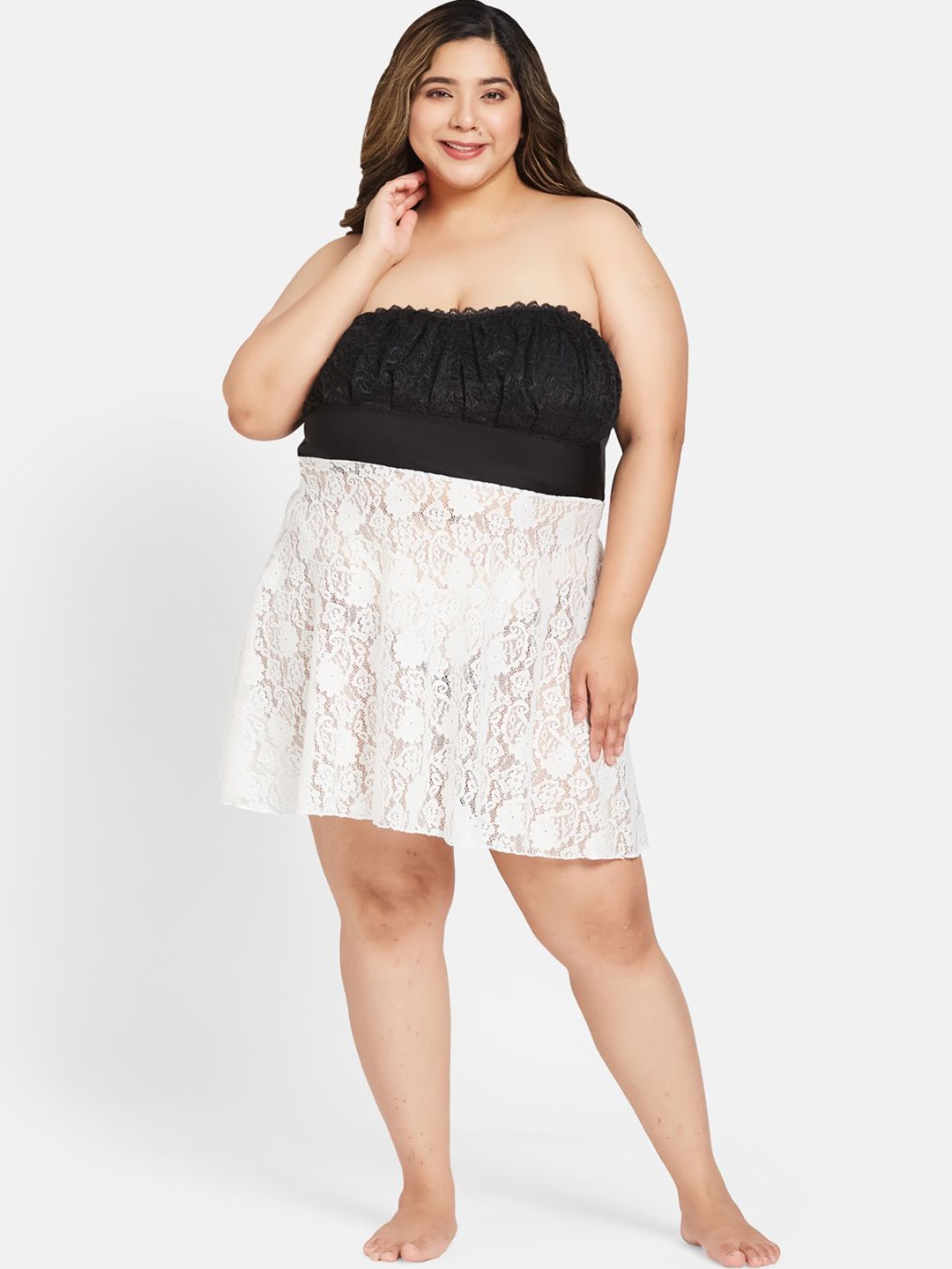 

Curves By ZeroKaata Women Plus Size Strapless Lace Baby Doll With Thong Briefs, Blue