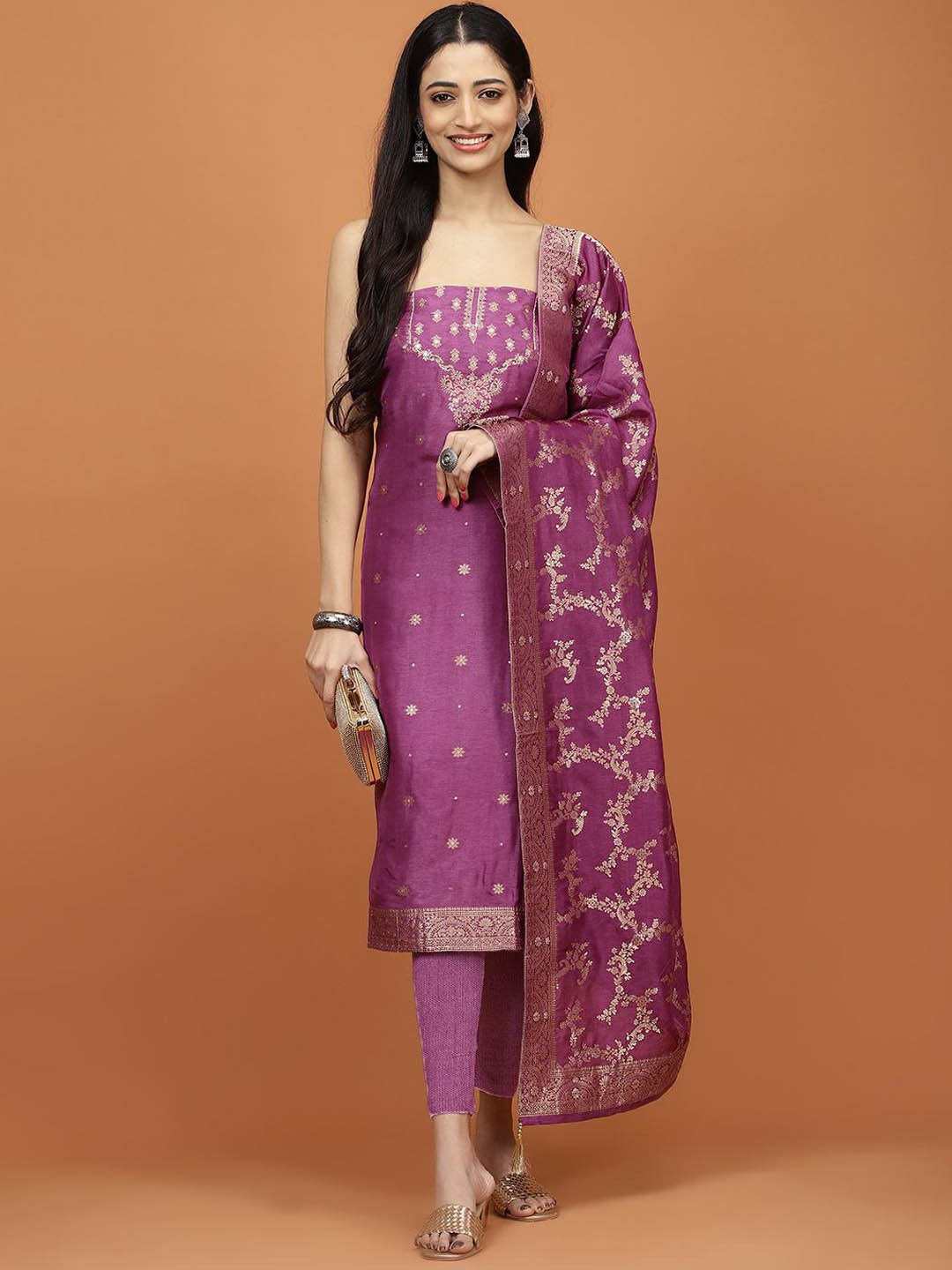 

Meena Bazaar Floral Woven Design Unstitched Dress Material, Purple