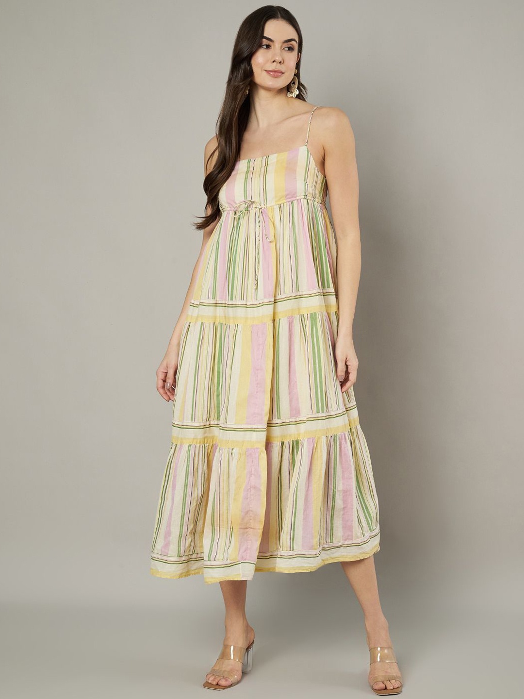 

Amagyaa Women Cotton Striped Fit & Flare Midi Dress, Beige