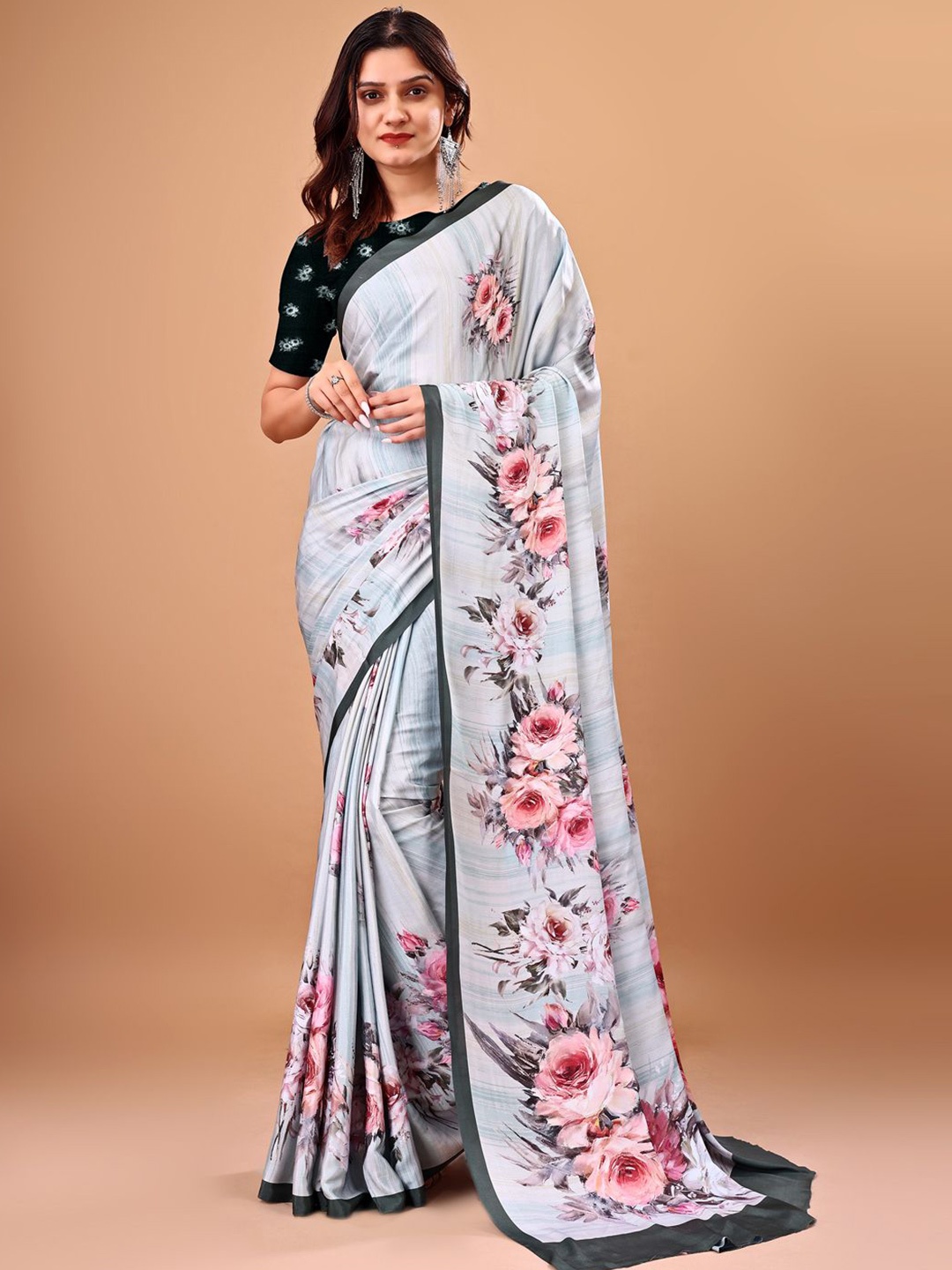 

Avyay Creation Floral Printed Georgette Banarasi Saree, Teal