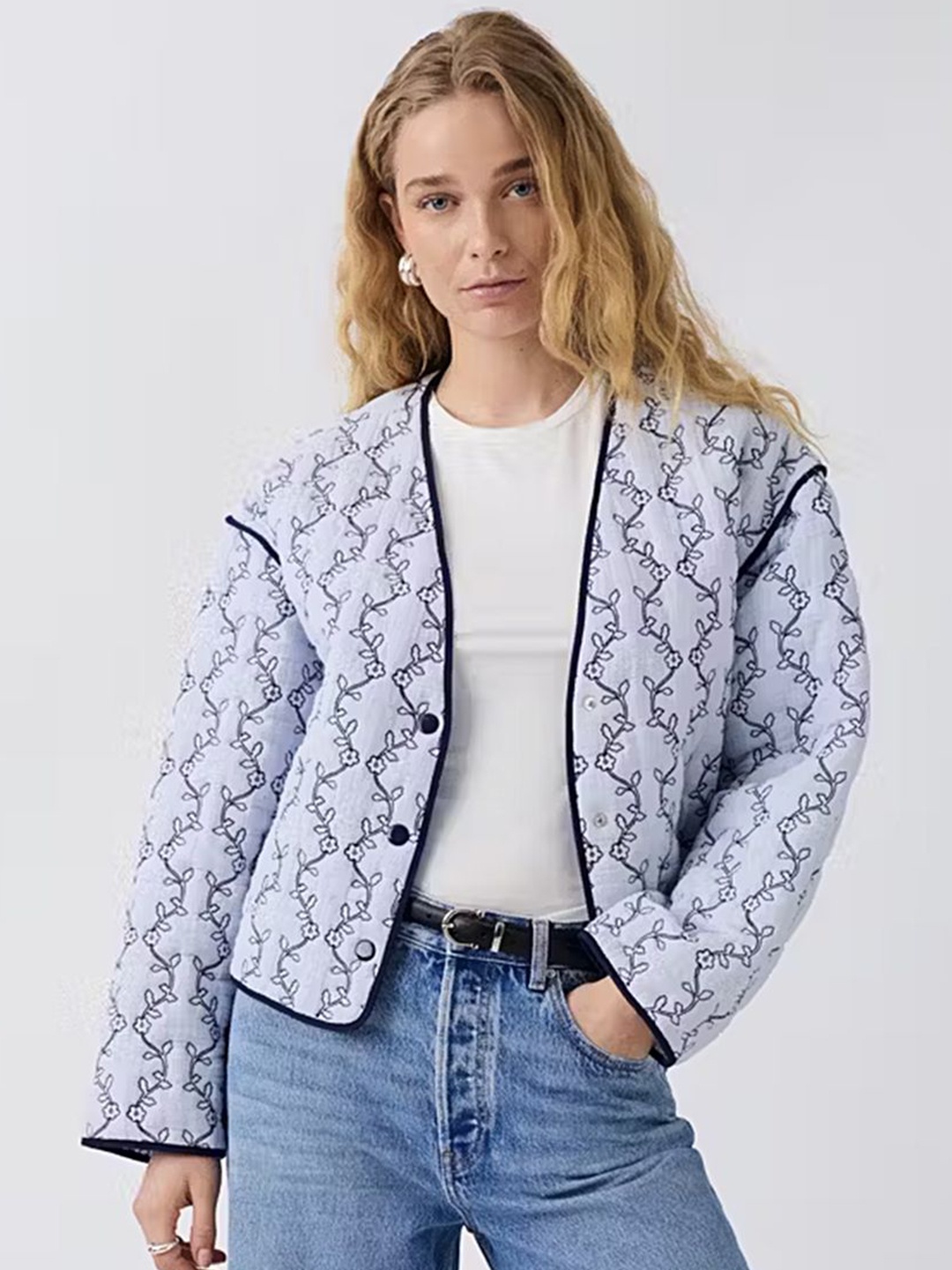 

LULU & SKY Women Collarless Floral Printed Casual Open Front Jacket, Blue
