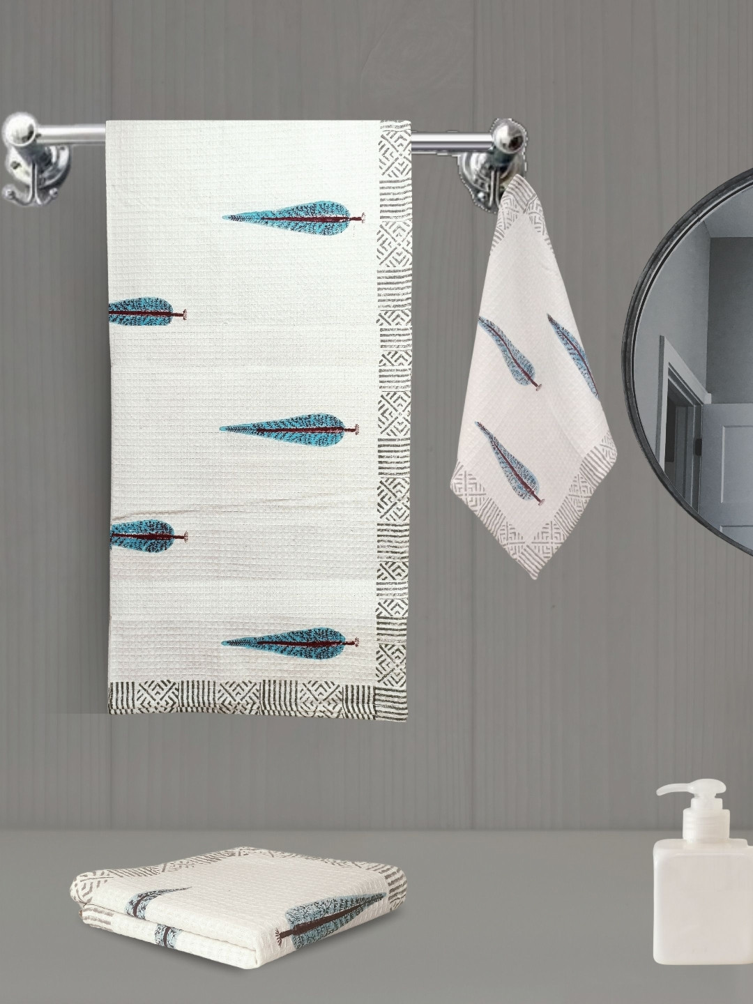 

LIVING ROOTS White 3 Pieces Block Printed 150 GSM Waffle Cotton Soft & Absorbent Towel Set