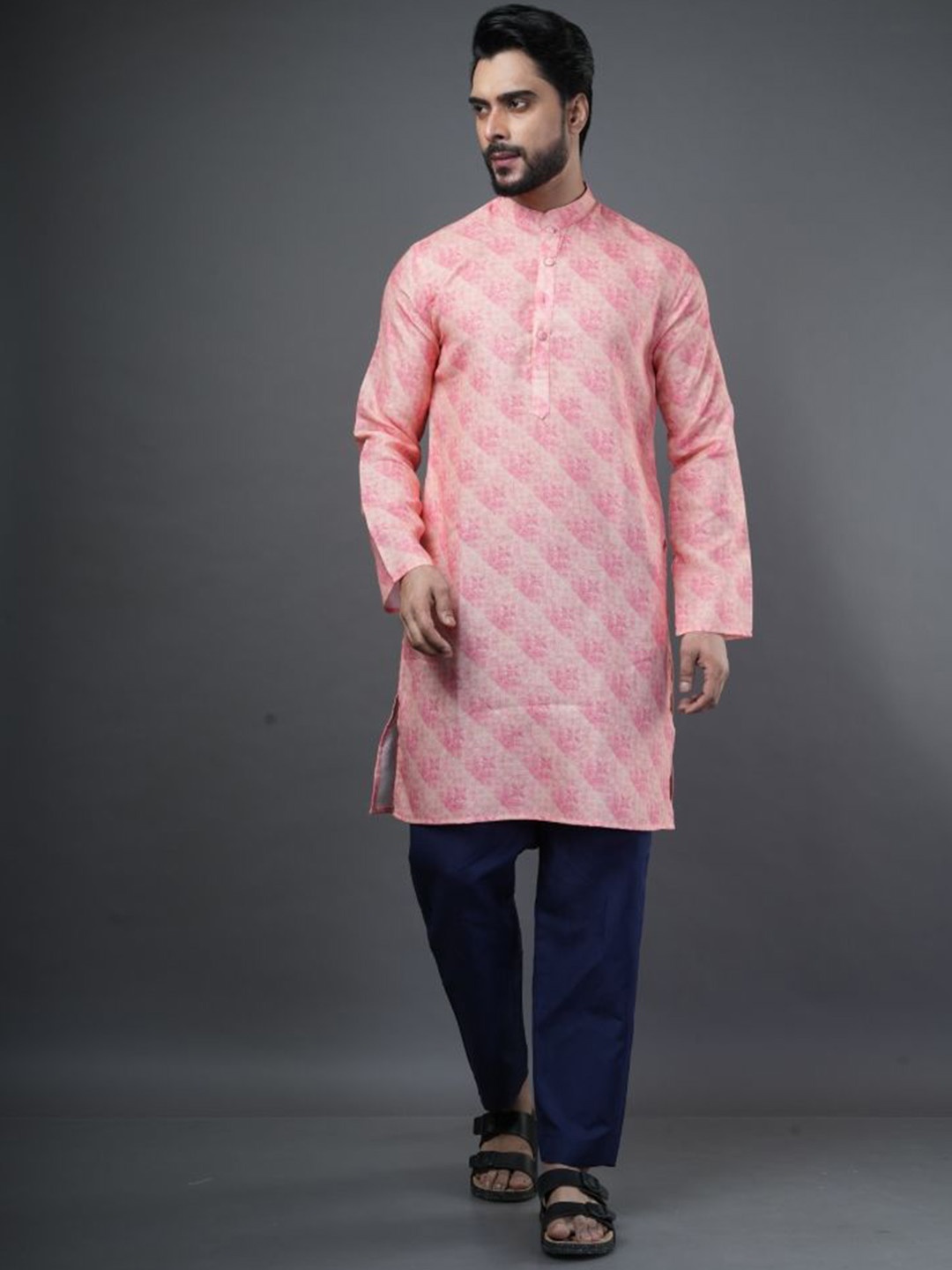 

ARYA Mandarin Collar Floral Printed Linen Straight Kurta, Pink