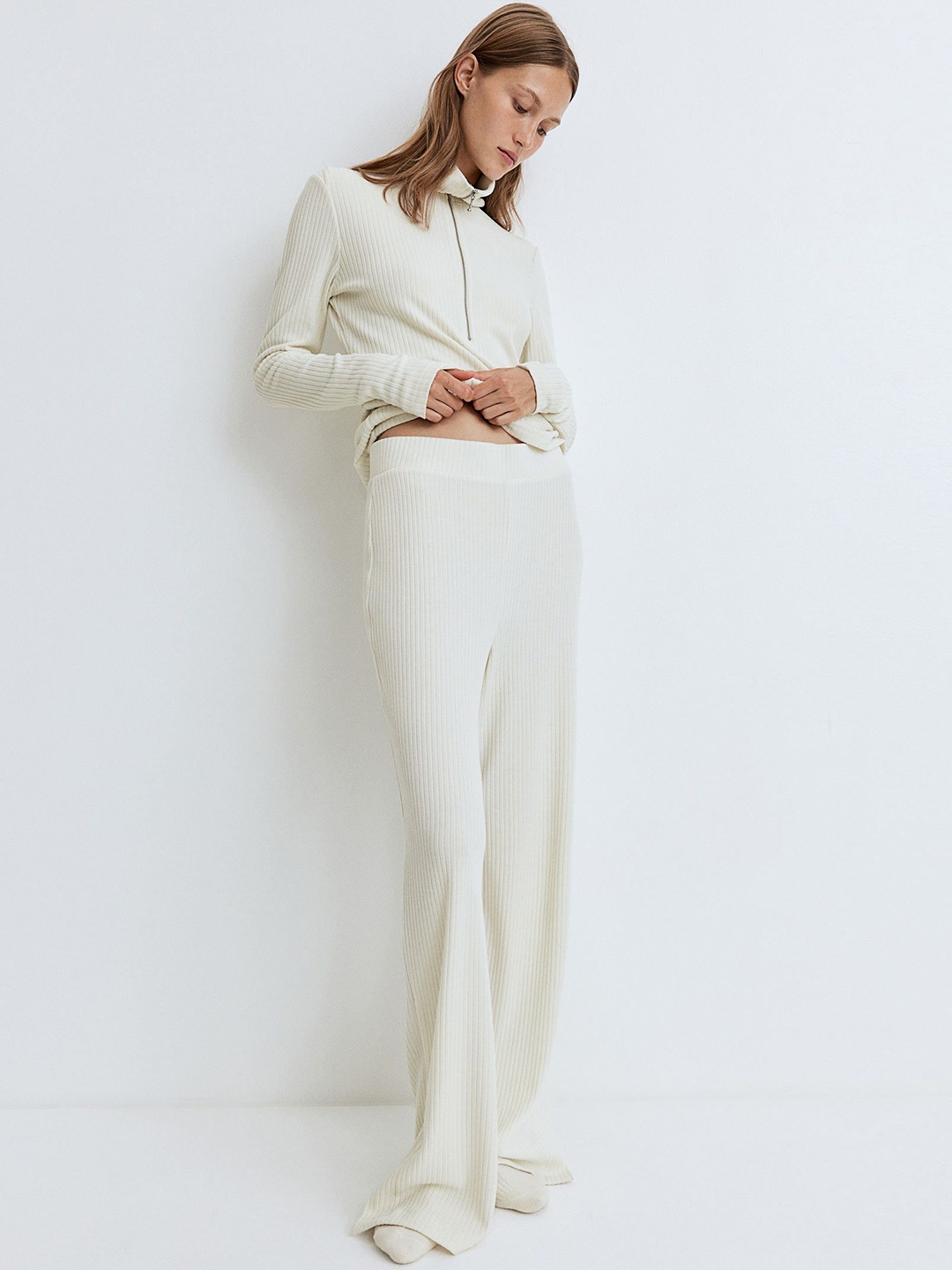 

H&M Women Ribbed Slit-Hem Trousers, White