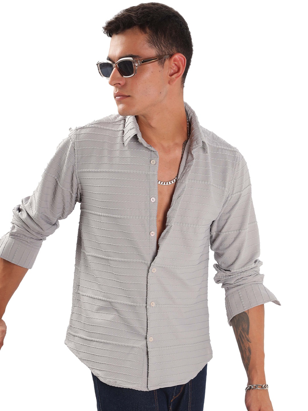 

ilyzly Men Standard Spread Collar Solid Cotton Casual Shirt, Grey